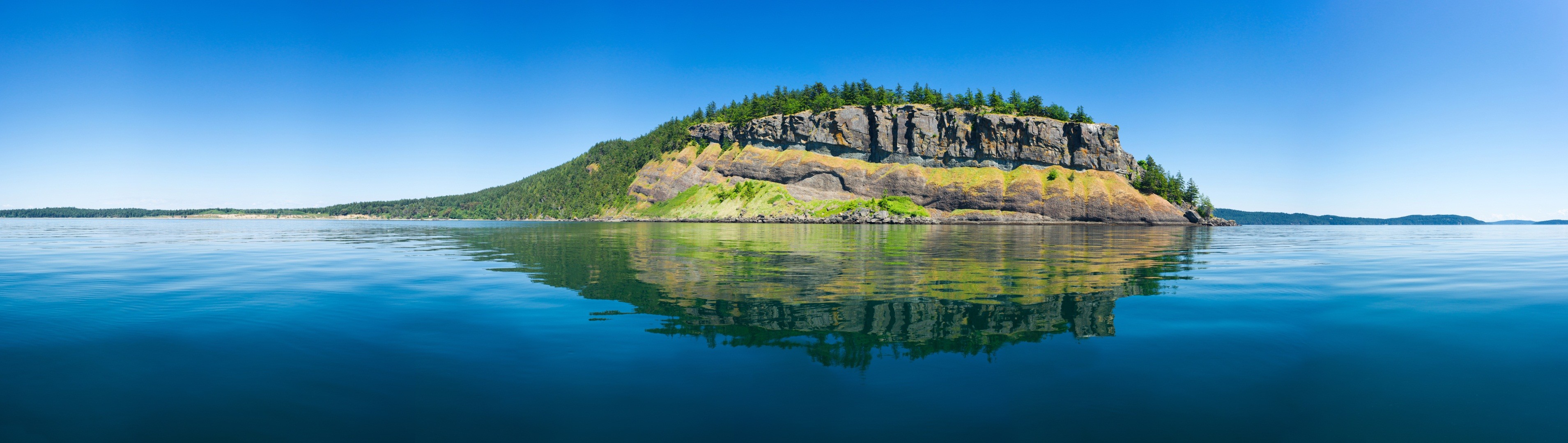 General 3818x1080 panorama island cliff forest lake water blue green nature landscape reflection