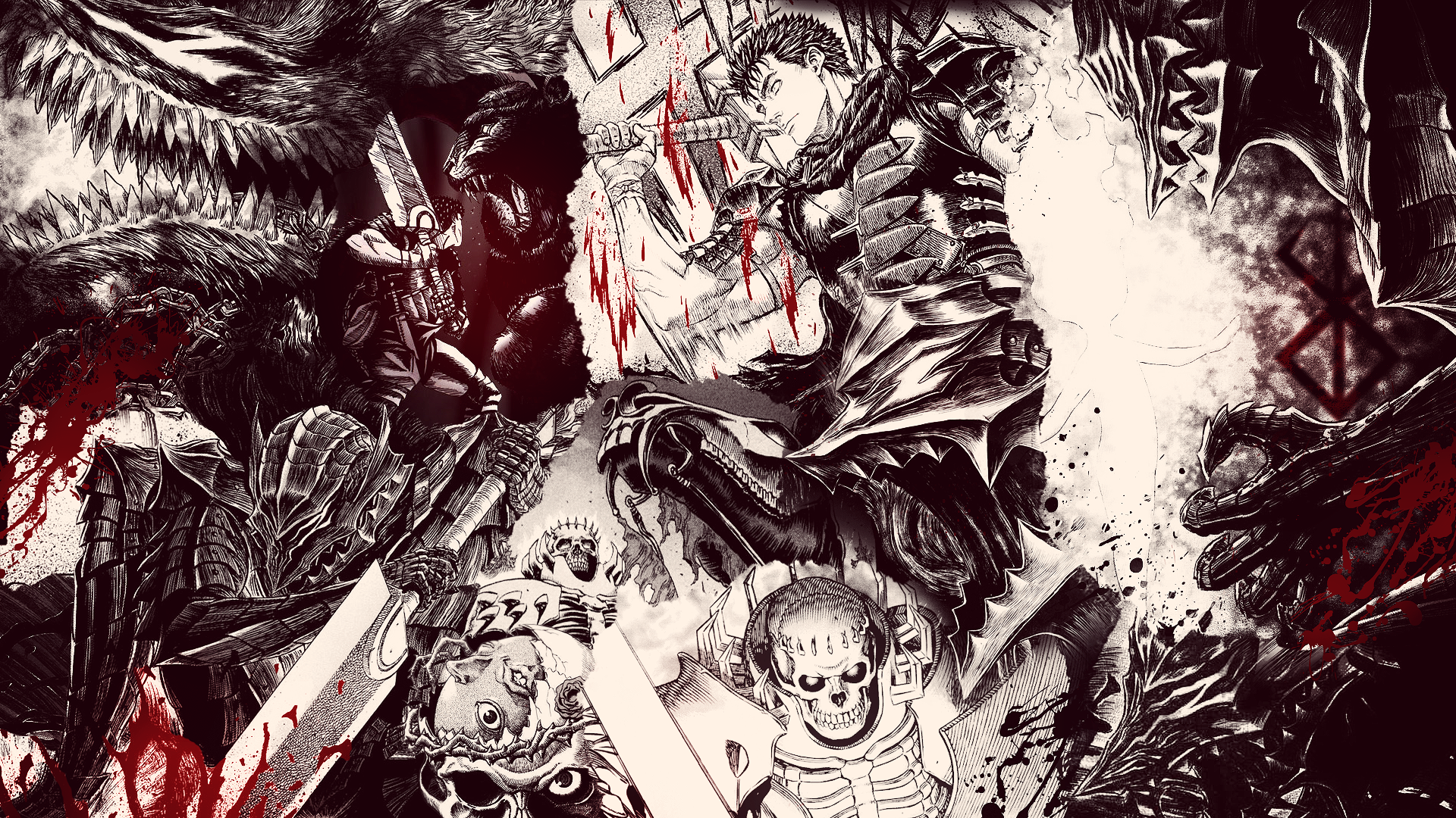 Anime 1920x1080 Berserk Guts Skull Knight fantasy armor blood blood spatter manga anime eyes creature knife skull anime boys