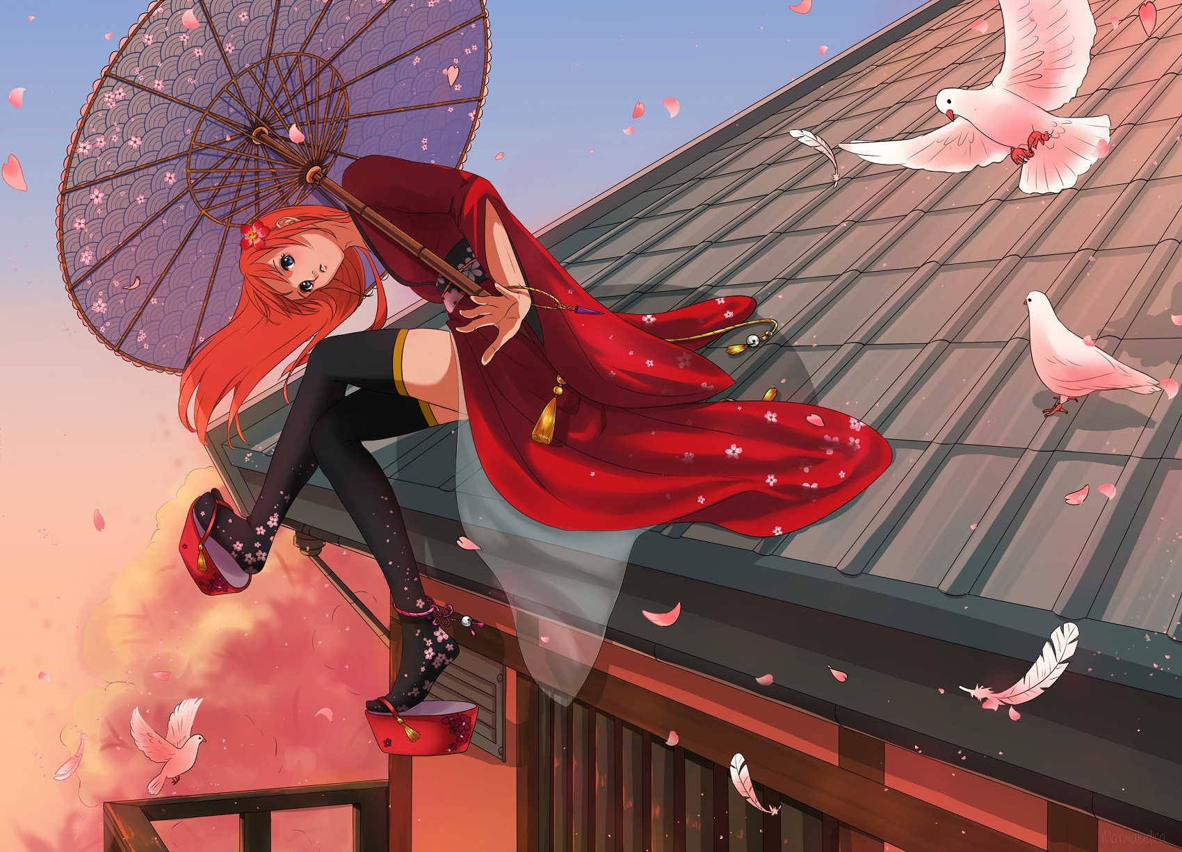 Anime 1700x1226 Gintama Kagura (Gintama) anime girls birds animals redhead umbrella women with umbrella stockings rooftops long hair women outdoors anime