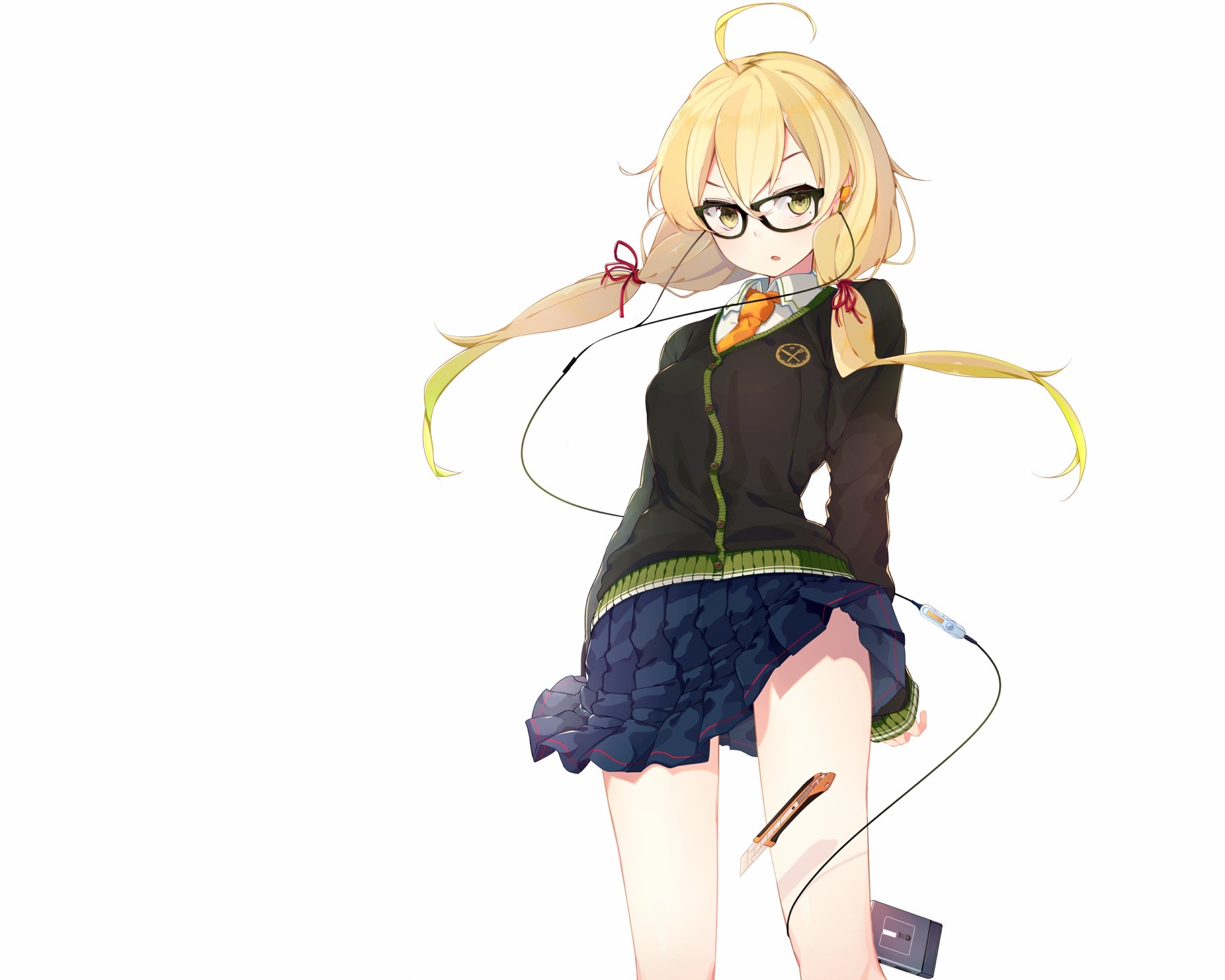 Anime 1875x1500 anime girls anime simple background legs skirt lifting skirt blonde school uniform glasses nmaaaaa women with glasses looking at viewer