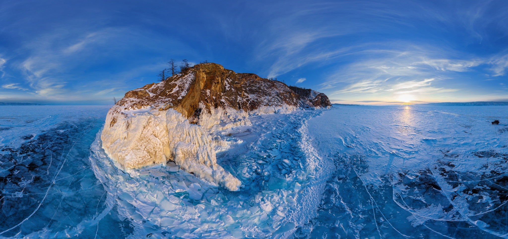 General 2048x965 Lake Baikal winter ice frost lake clouds island sunset panorama trees Jeep nature landscape Russia