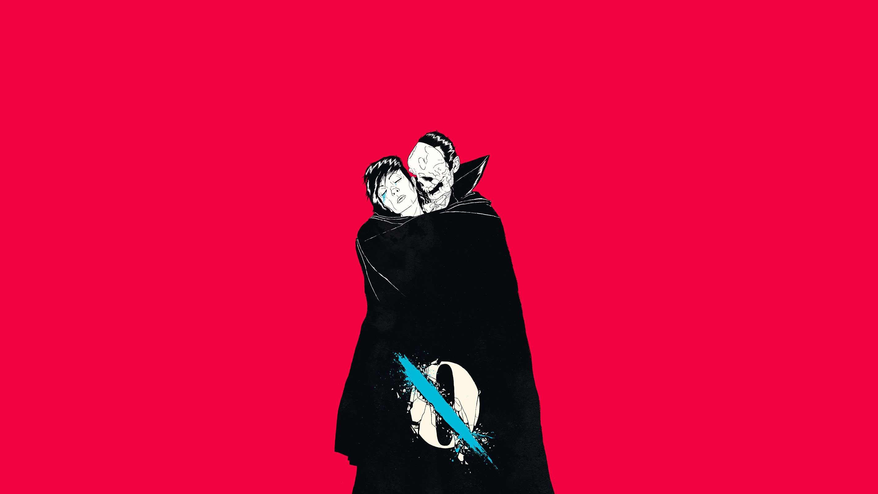 General 2845x1600 metal music Queens of the Stone Age album covers red red background skull music simple background