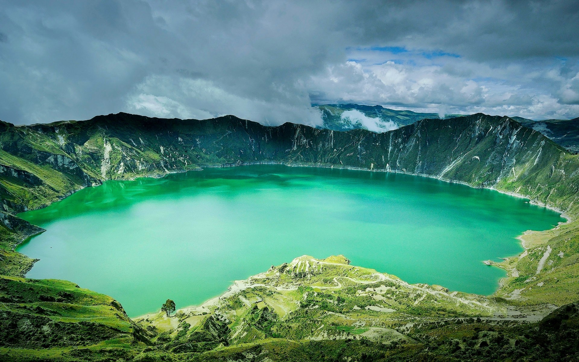 General 1920x1200 Ecuador Andes  volcano clouds crater grass mountains water green nature landscape lake crater lake