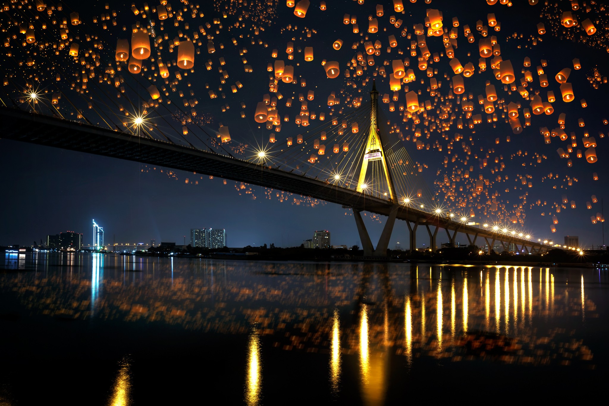 General 2048x1365 bridge night sky lanterns reflection cityscape lights construction