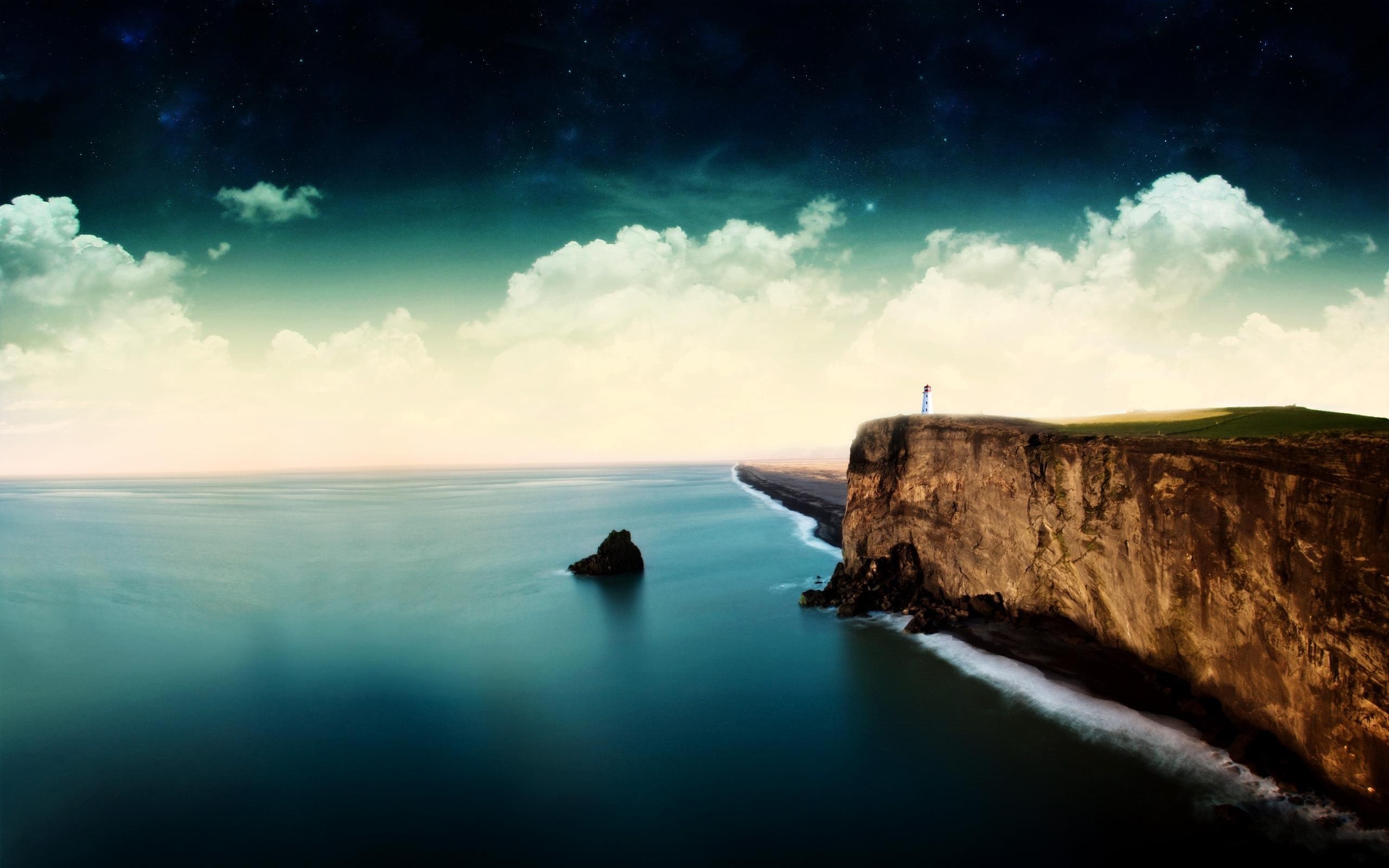 General 2560x1600 lighthouse sea cliff clouds stars coast sky photo manipulation nature