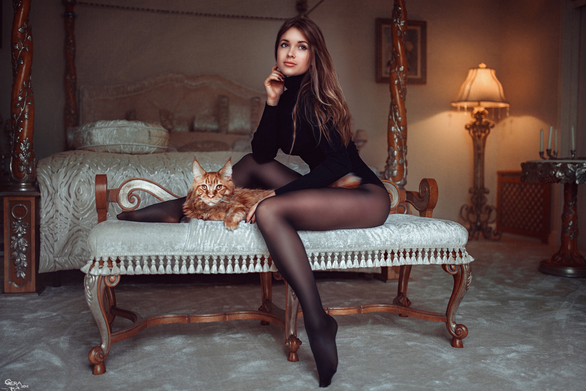 People 2048x1367 model bed women cats pantyhose legs women with cat animals mammals black pantyhose women indoors indoors sitting long hair looking away