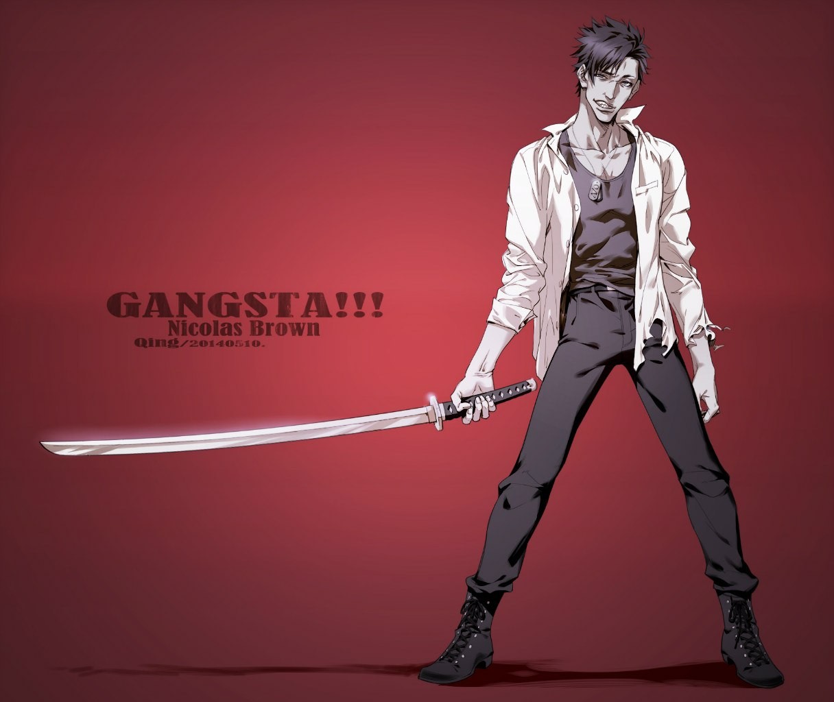 Anime 1216x1024 sword manga Gangsta Nicolas Brown red background weapon