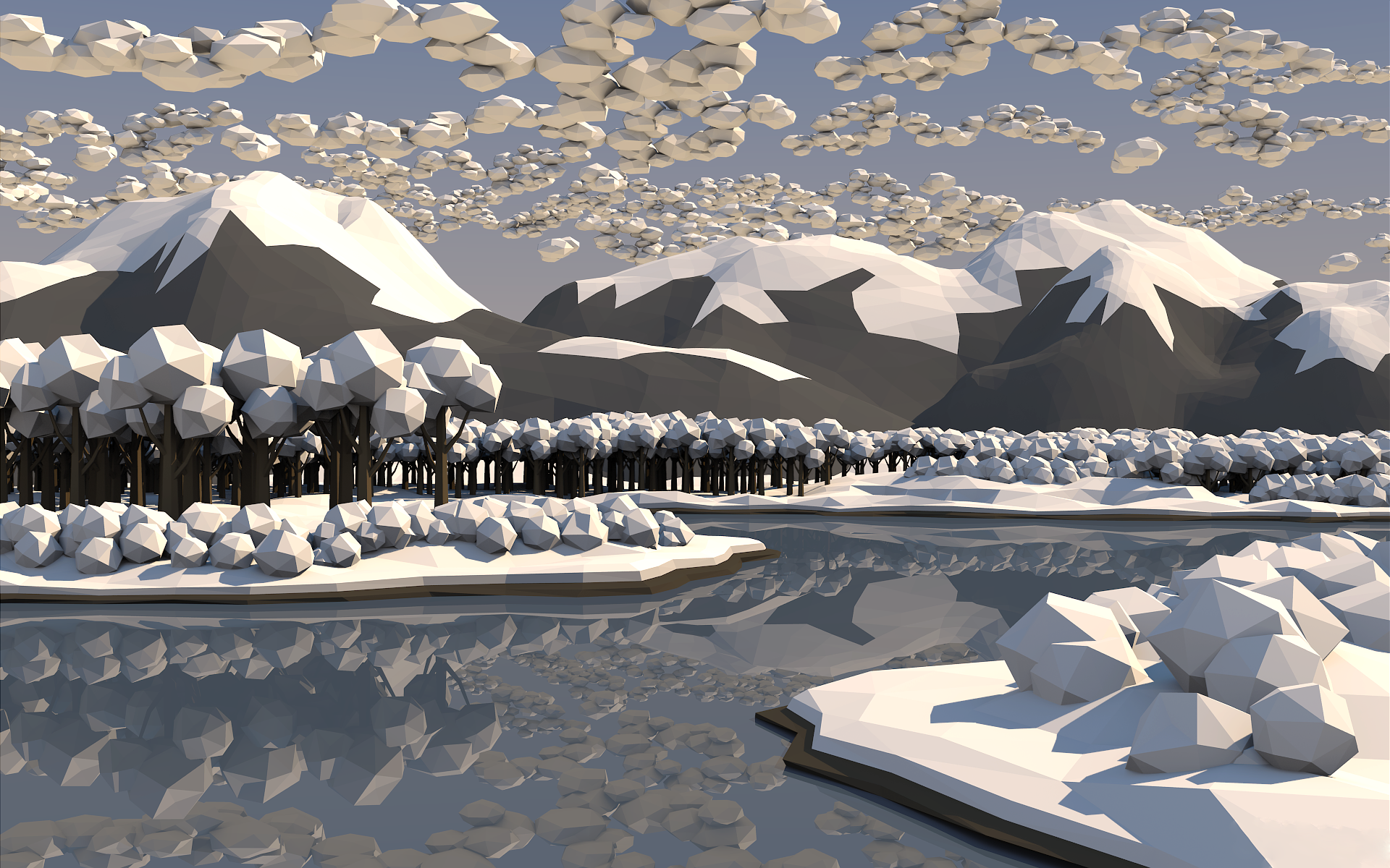 General 1920x1200 nature trees mountains water snow forest clouds low poly reflection digital art
