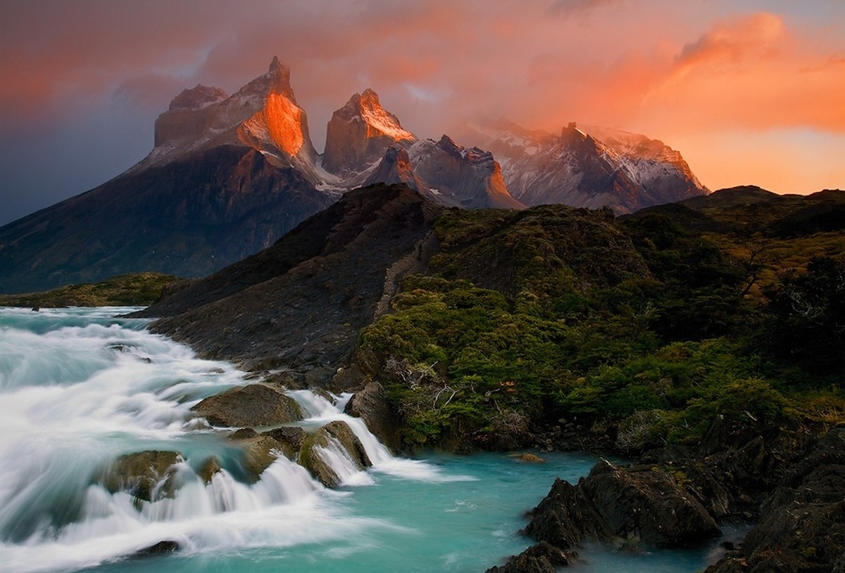 General 1200x813 Chile mountains lake waterfall Torres del Paine national park Patagonia clouds forest turquoise white green water snowy peak morning