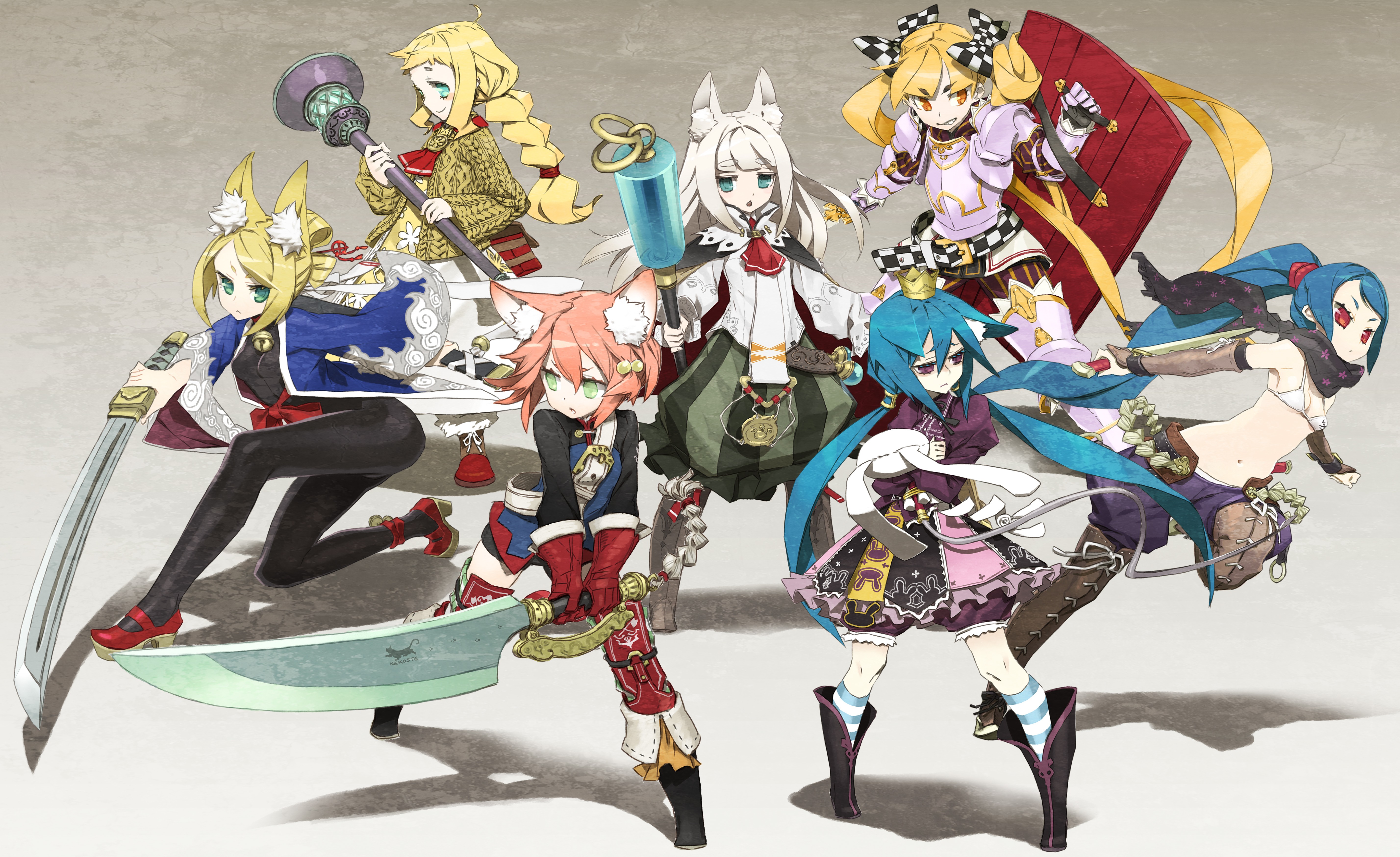 Anime 5711x3499 anime anime girls simple background fox girl weapon sword group of women women with swords