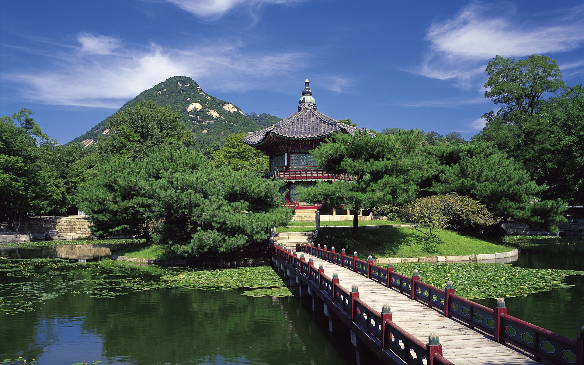 General 1920x1200 Japanese Garden pond wooden bridge pagoda hills South Korea temple Asia water bridge