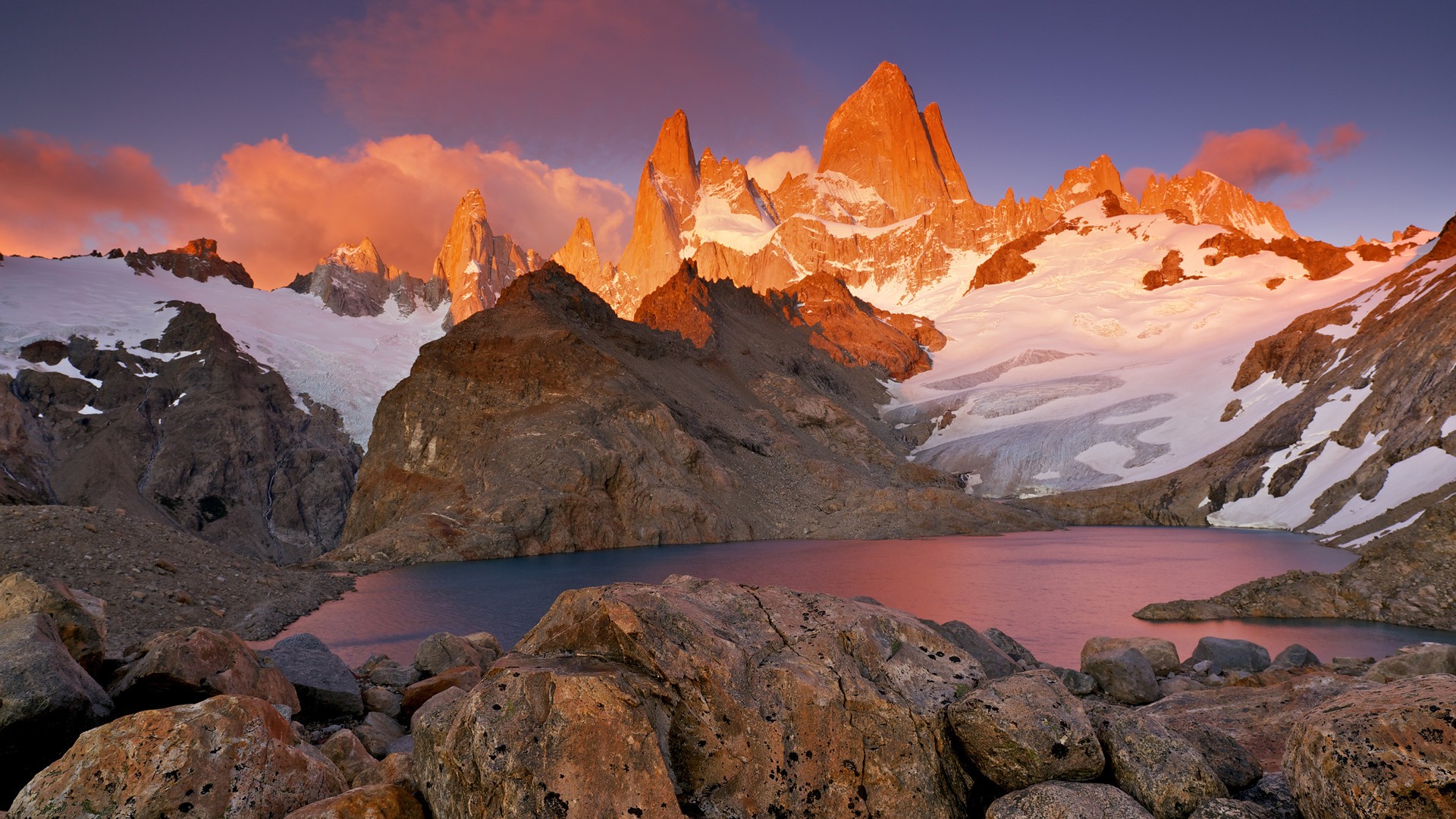 General 1920x1080 nature landscape mountains snow rocks Chile South America sunset clouds water lake