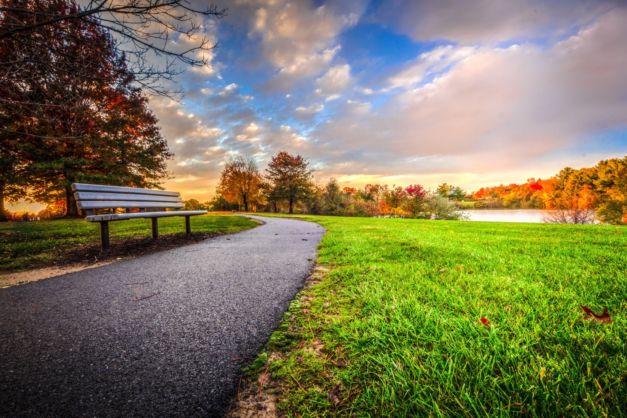 General 2048x1366 sunset path bench park trees clouds grass fall nature landscape green HDR