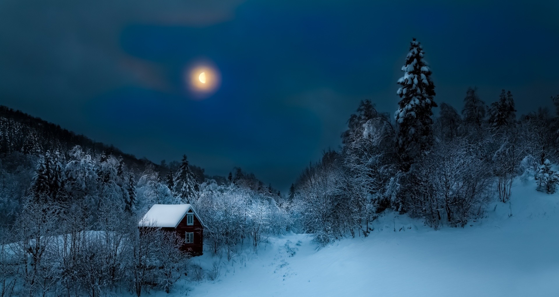 General 1920x1020 cottage forest hills mist nature Moon winter landscape snow night cold outdoors cabin