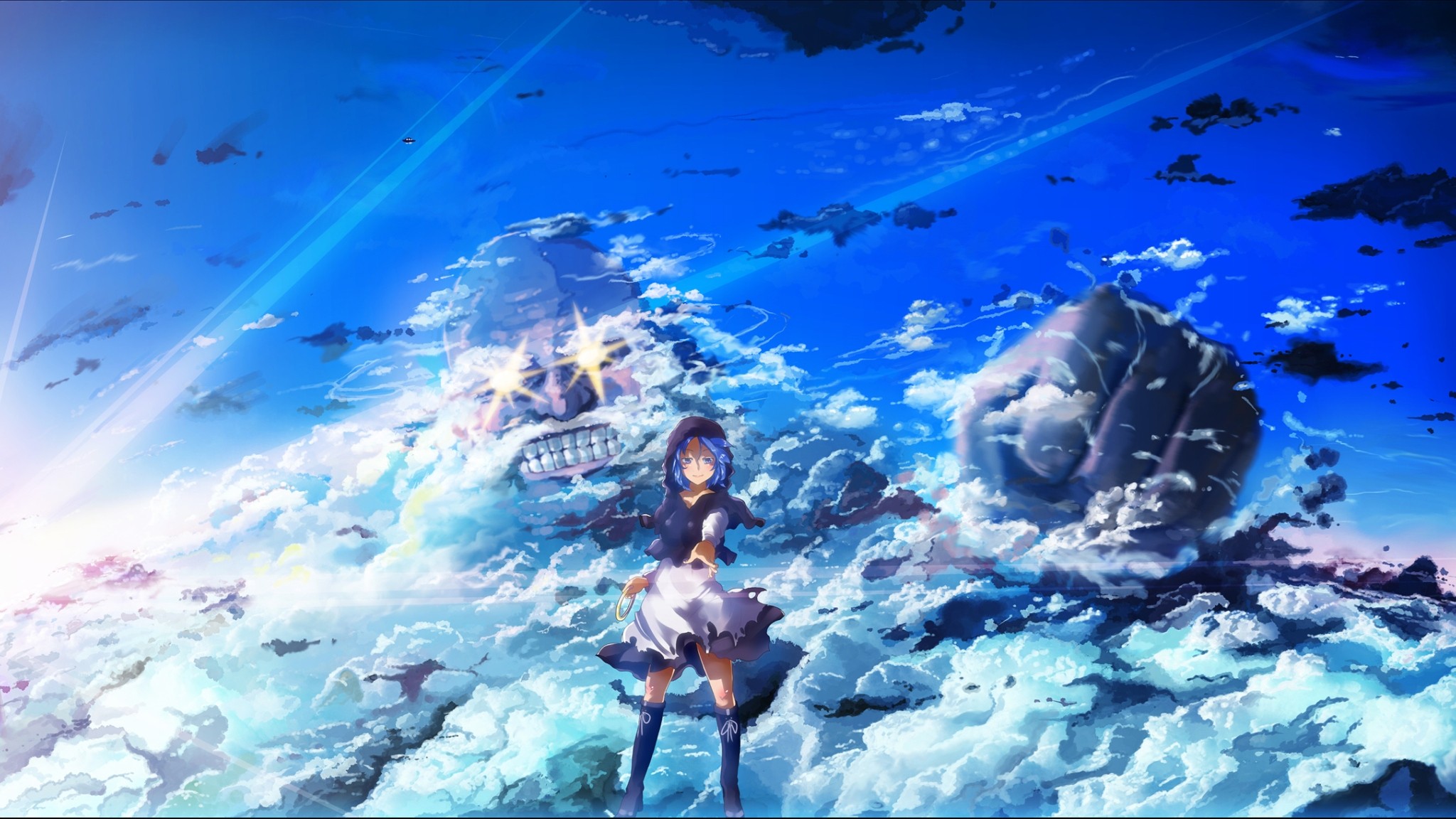 Anime 2048x1152 anime Touhou anime girls blue Kumoi Ichirin standing fantasy art fantasy girl blue hair sky