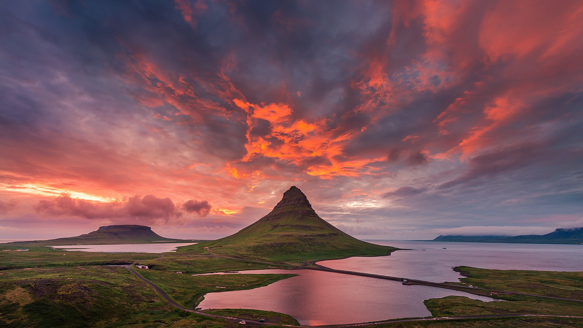 General 1920x1080 landscape nature mountains road sunset sky sea coast clouds Iceland Kirkjufell nordic landscapes