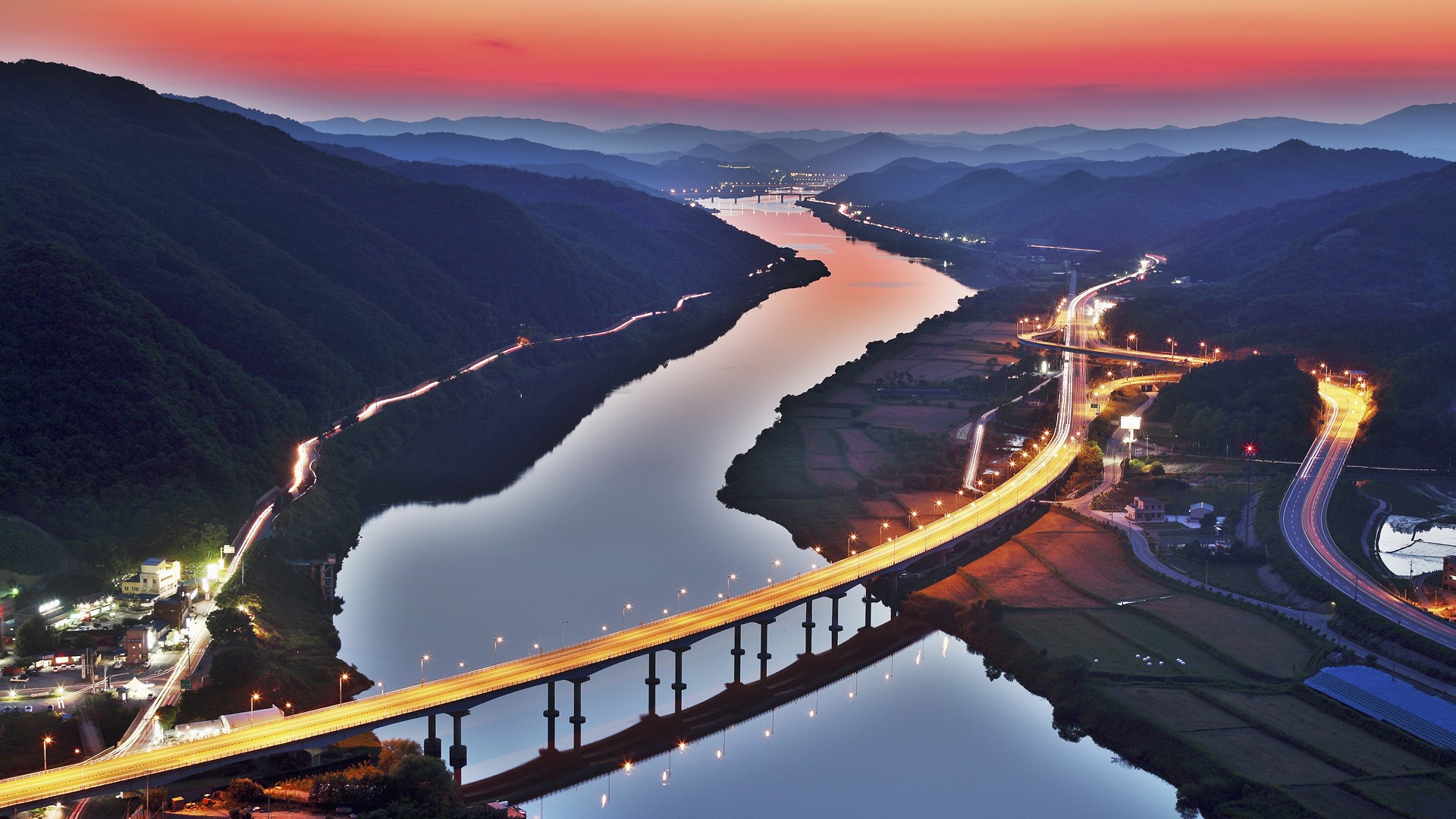 General 1920x1080 South Korea river light trails bridge hills sunset field nature landscape water evening trees traffic lights forest road mist morning reflection long exposure town building lights mountains aerial view photography street light Asia