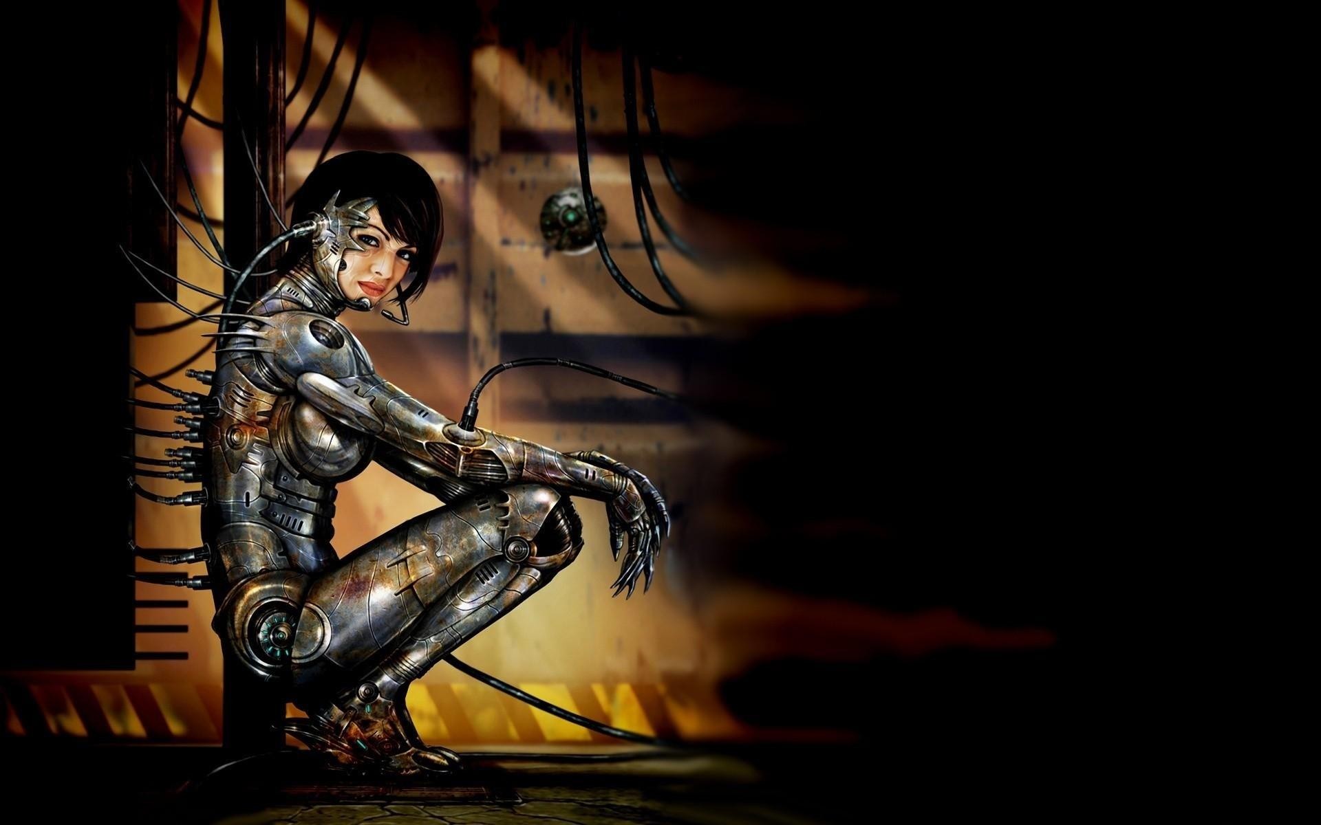 General 1920x1200 bionics cyberpunk futuristic science fiction women dark hair looking at viewer machine cyborg women artwork science fiction