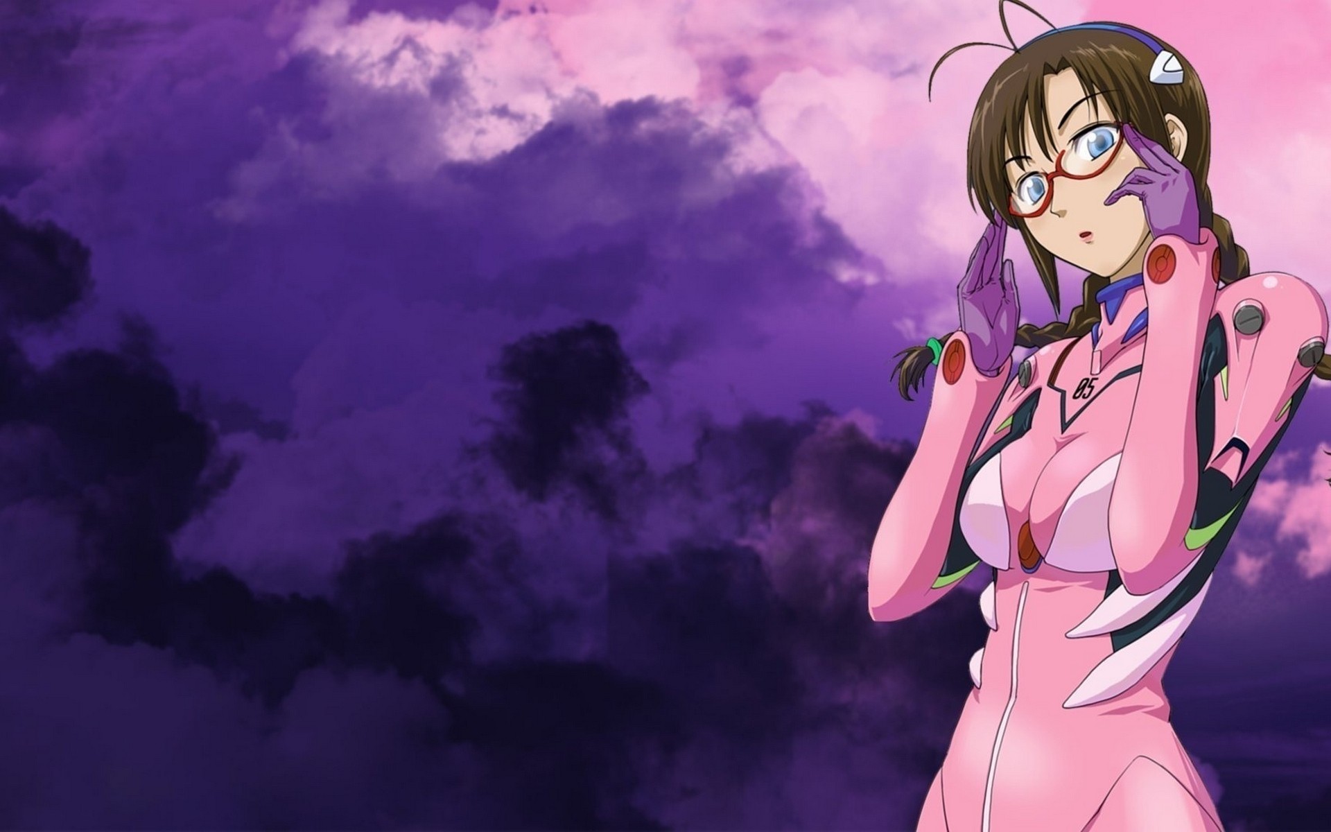 Anime 1920x1200 purple background plugsuit brunette blue eyes glasses anime anime girls Makinami Mari Illustrious cleavage boobs looking at viewer women with glasses