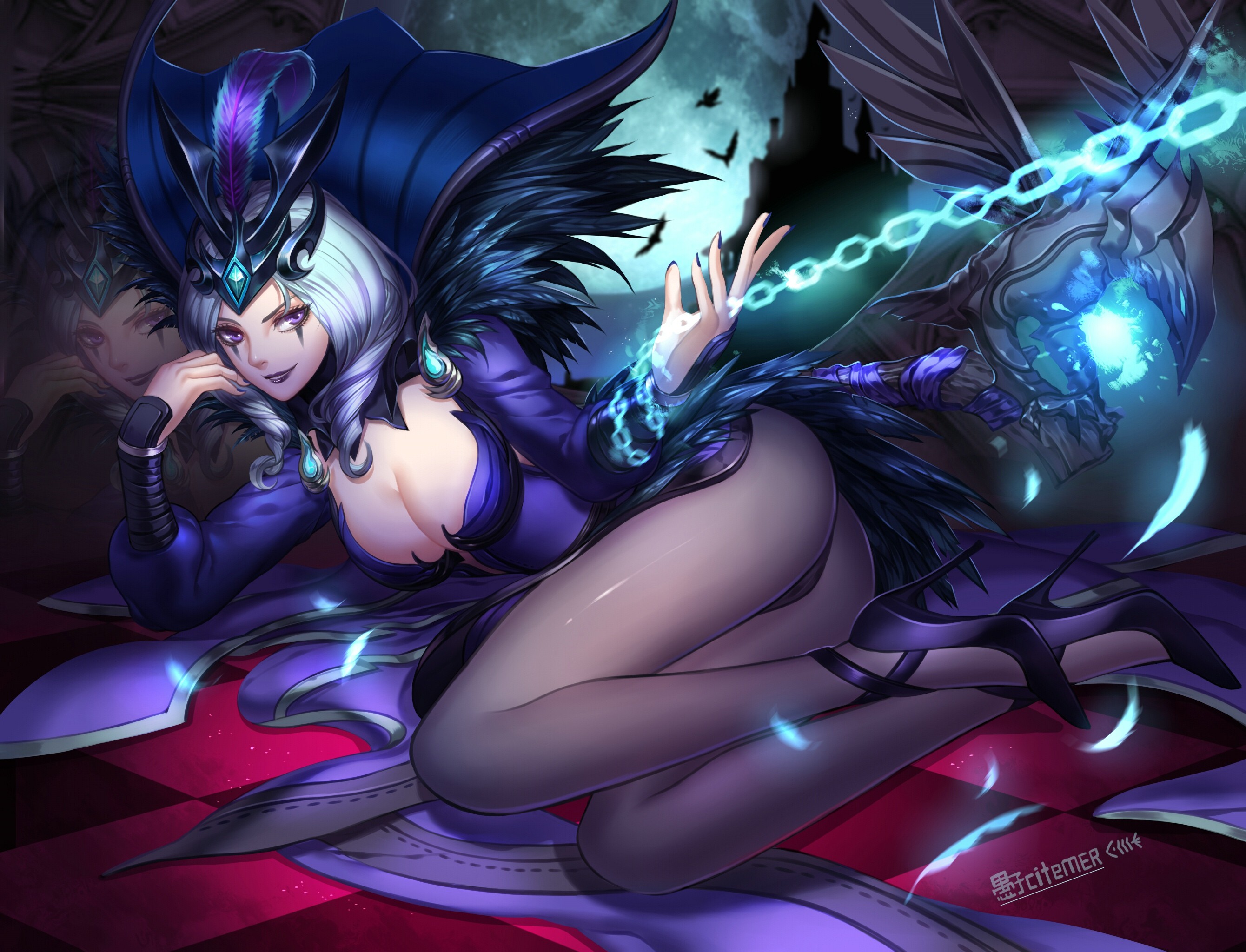 Anime 2680x2048 League of Legends cleavage LeBlanc (League of Legends) black stockings high heels boobs big boobs video game art PC gaming video game girls legs heels ass looking at viewer fantasy art fantasy girl smiling