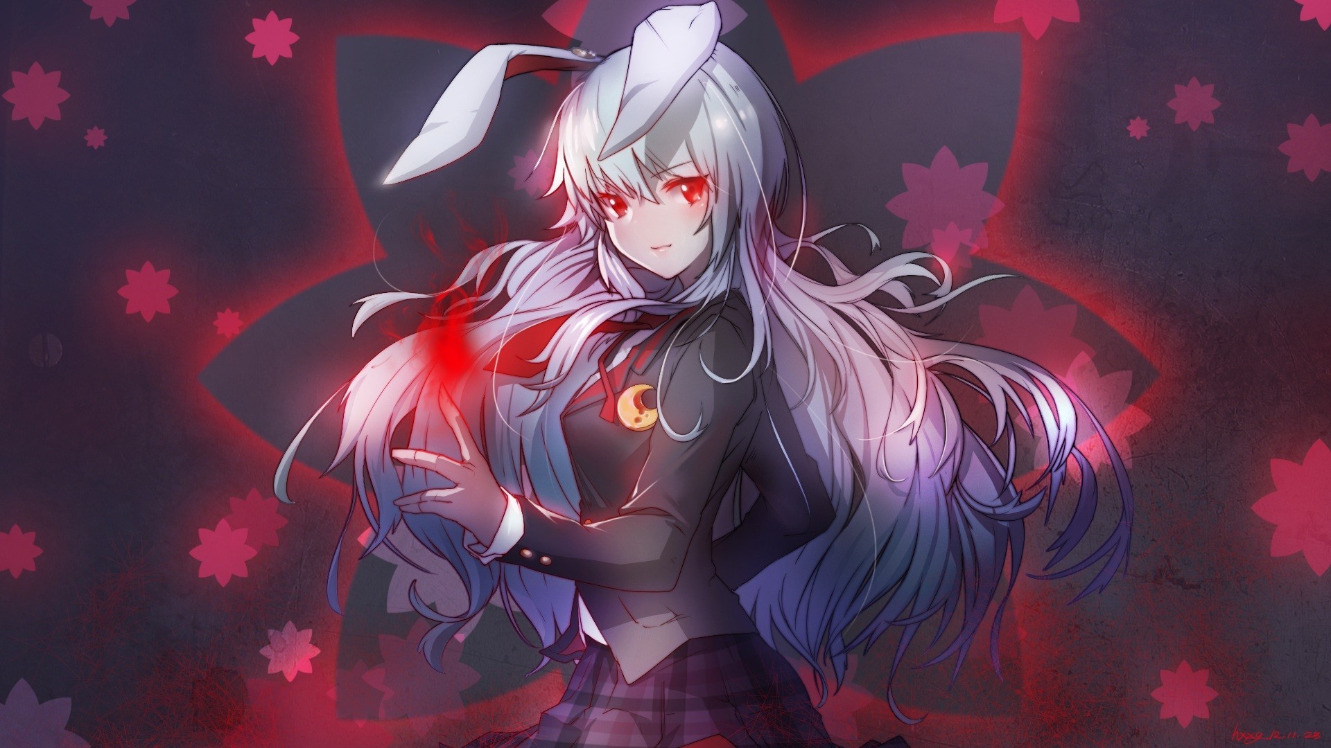 Anime 1920x1080 Touhou Reisen Udongein Inaba red eyes bunny ears long hair gray hair anime girls anime looking at viewer glowing eyes