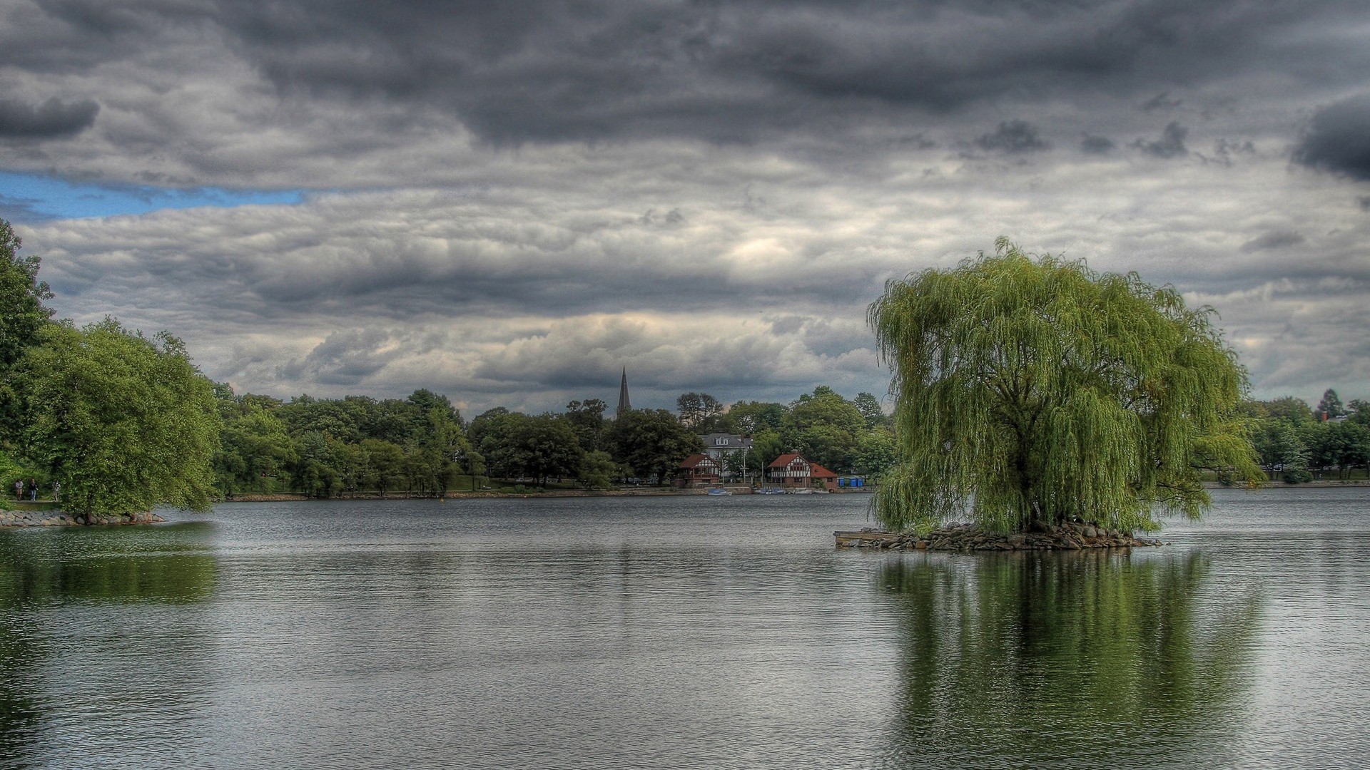 General 1920x1080 landscape HDR willow trees willows lake island water reflection clouds