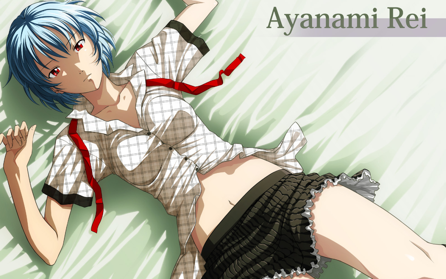 Anime 1440x900 anime girls blue hair short hair red eyes Ayanami Rei Neon Genesis Evangelion belly anime lying on back