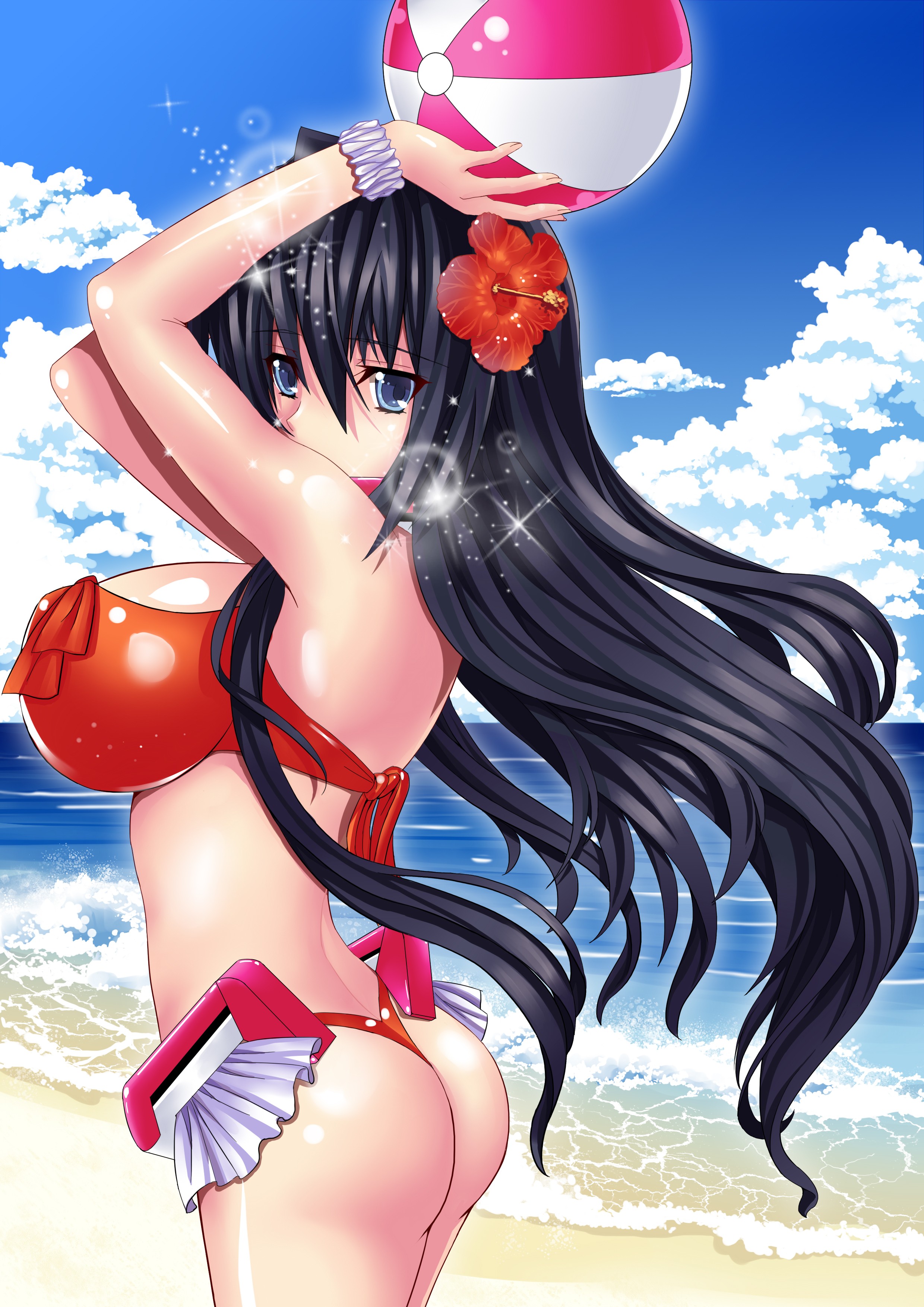 Anime 2480x3507 anime girls bikini Kyoukai Senjou no Horizon Horizon Ariadust ball beach Mizutsuki Rei boobs big boobs huge breasts bursting breasts ass dark hair long hair hibiscus beach ball