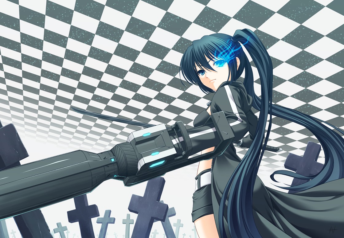 Anime 1120x775 twintails black hair blue eyes anime chessboard Black Rock Shooter anime girls long hair looking at viewer