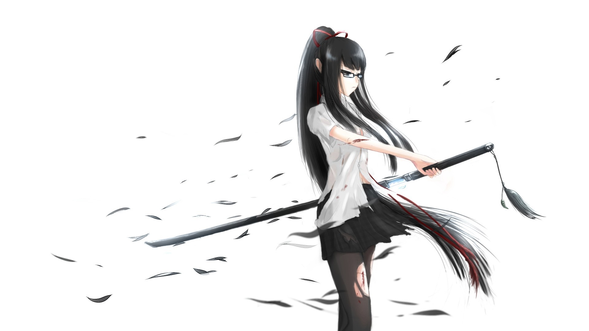 Anime 1920x1080 anime girls katana anime women with swords sword dark hair simple background white background long hair
