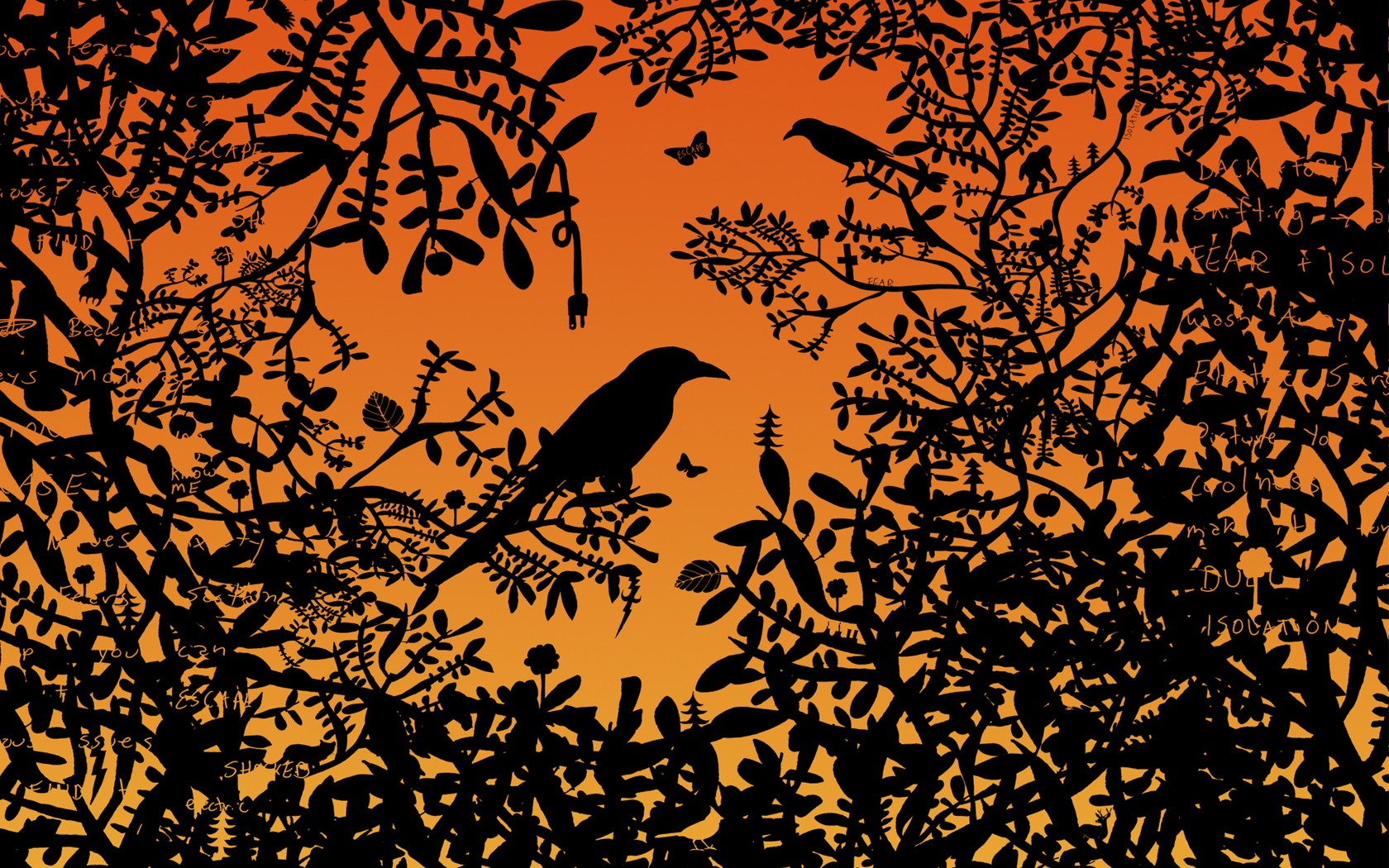General 1680x1050 birds orange black artwork plants silhouette animals leaves branch