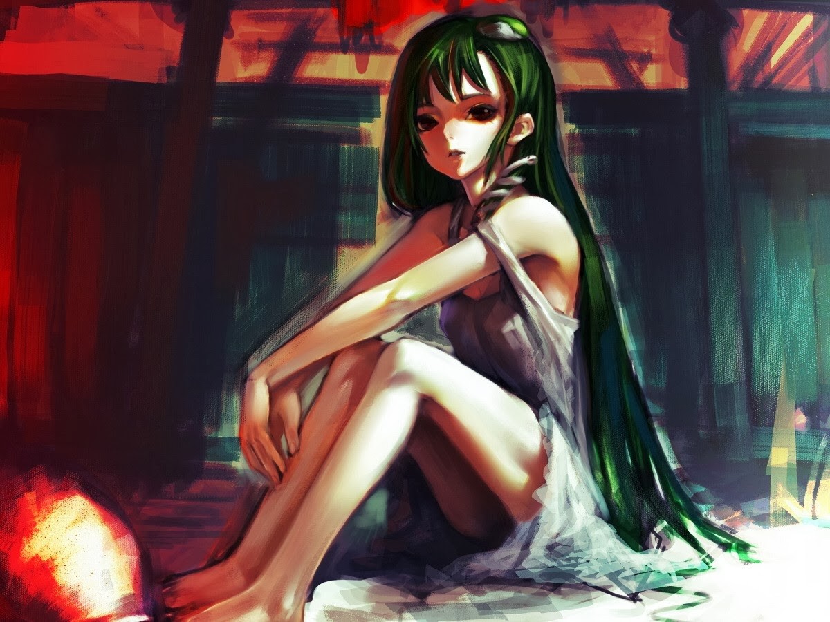 Anime 1200x900 fantasy art anime girls anime green hair dark eyes long hair sitting legs together