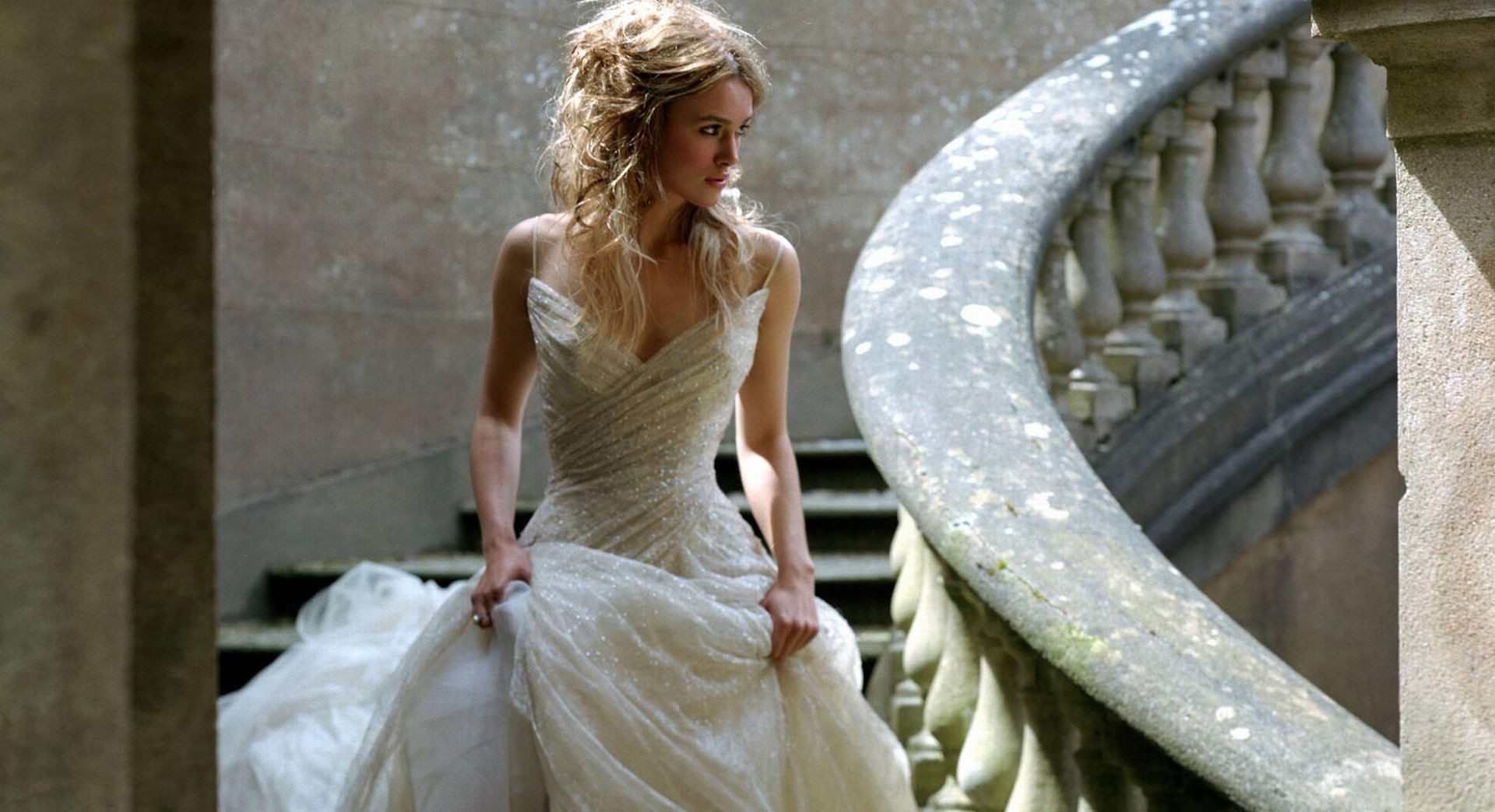 People 1920x1044 Keira Knightley women gown actress dress white dress stairs long hair celebrity