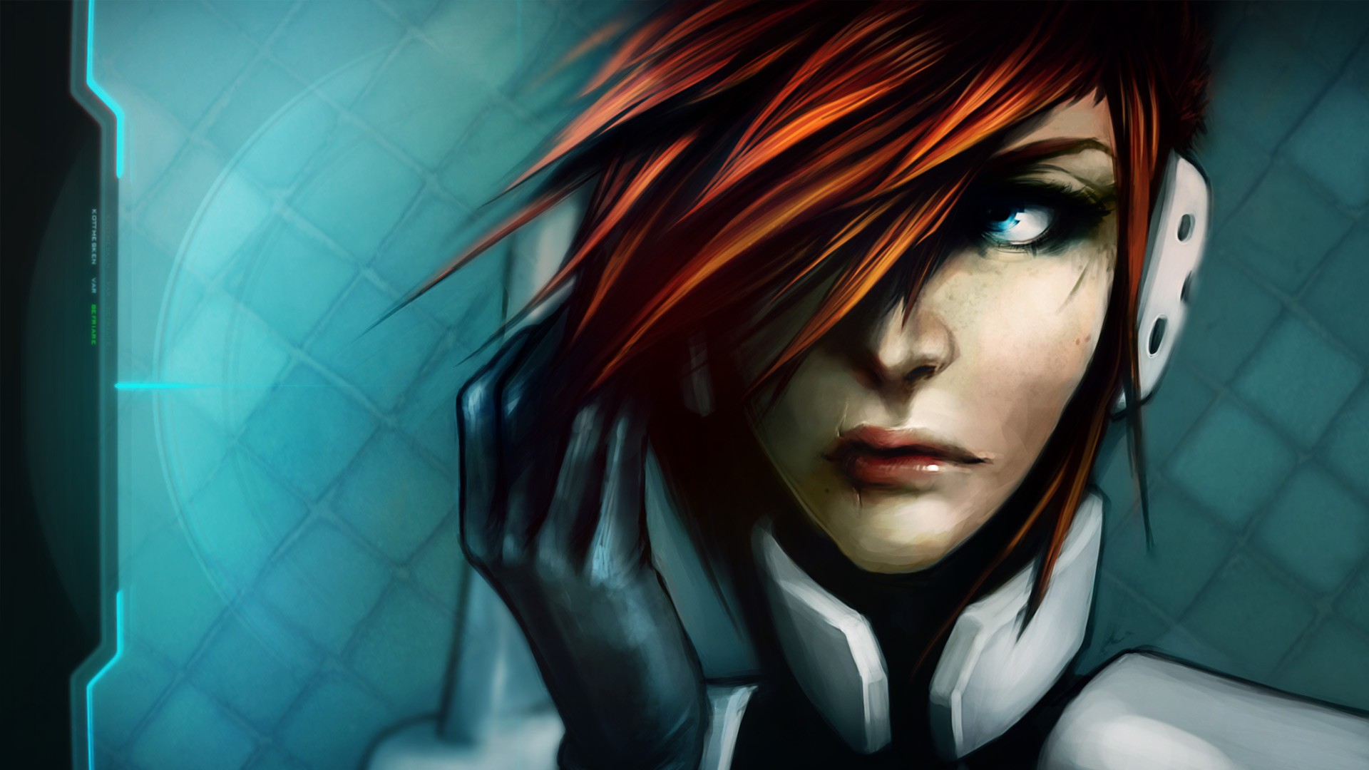 General 1920x1080 women redhead blue eyes video game art turquoise cyan video games hair over one eye face