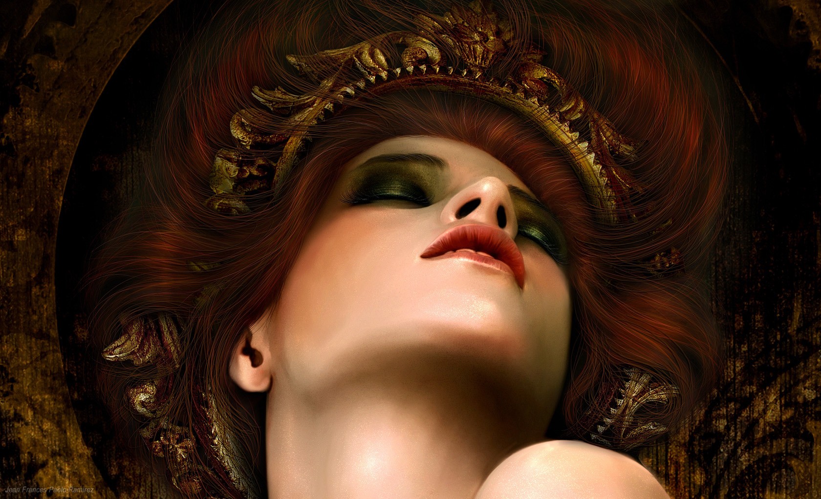 General 1680x1022 redhead fantasy girl fantasy art face women artwork closeup makeup red lipstick