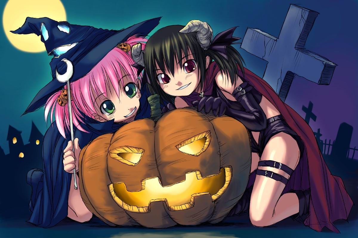 Anime 1200x800 anime girls Halloween pumpkin anime