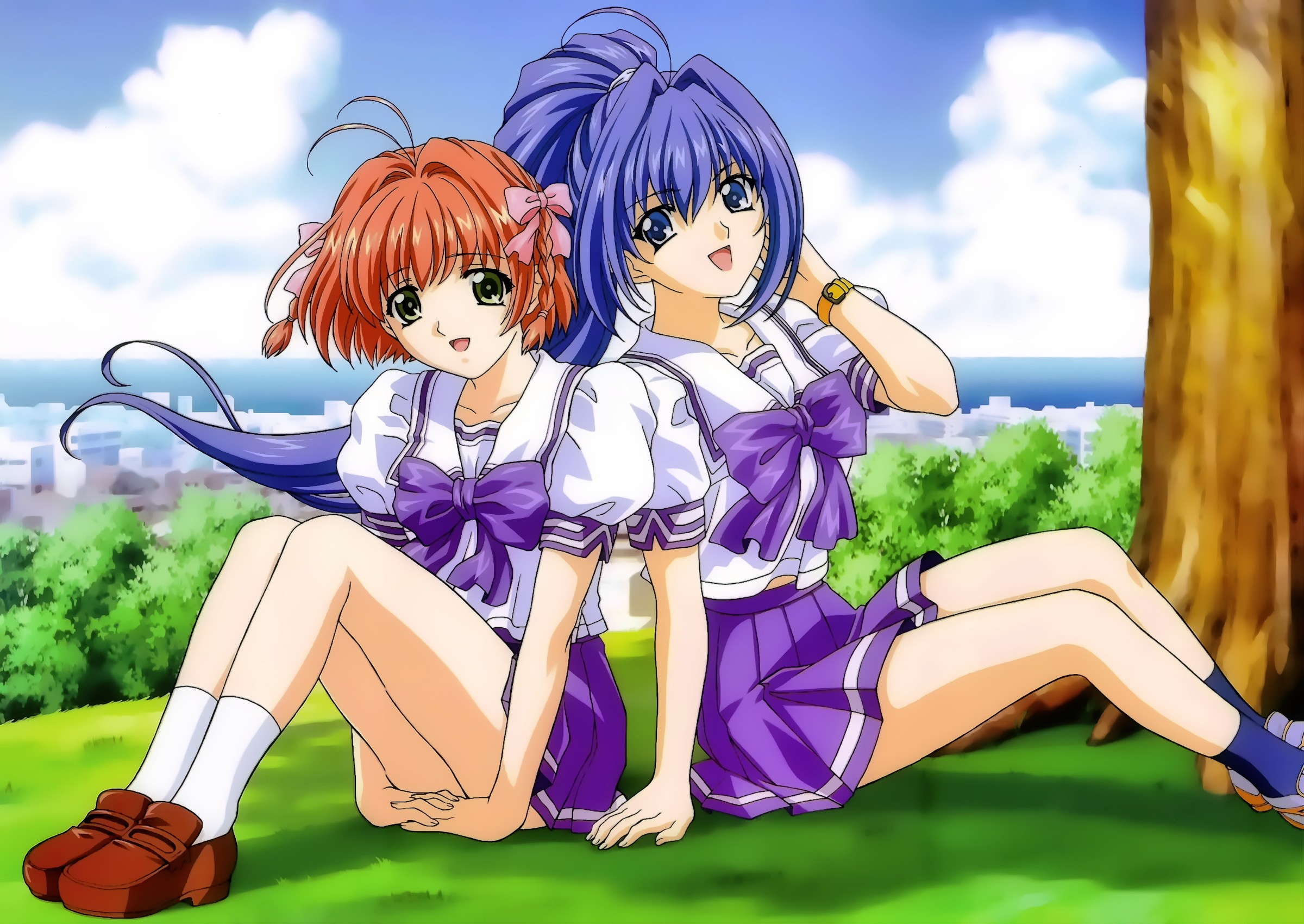 Anime 2400x1700 Hayase Mitsuki Suzumiya Haruka anime girls miniskirt anime two women purple hair redhead sitting women outdoors