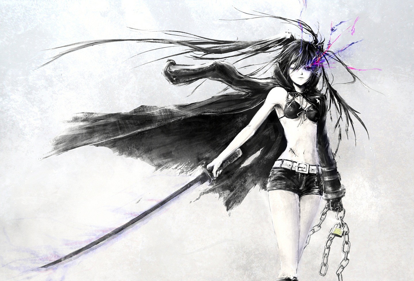 Anime 1440x976 Black Rock Shooter anime girls anime weapon Strength (Black Rock Shooter) sword women with swords simple background white background standing bra belly chains pants