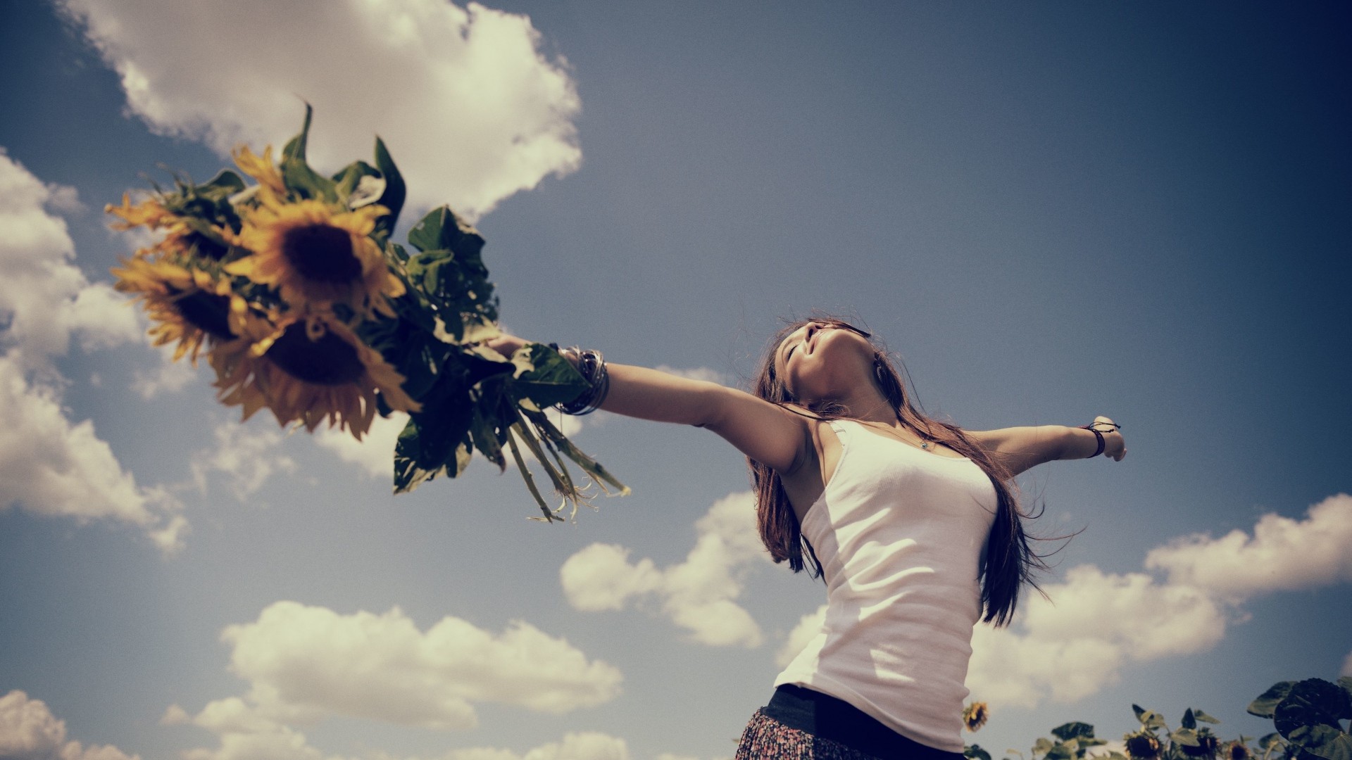 People 1920x1080 women women outdoors sunflowers closed eyes flowers sky plants yellow flowers clouds standing happy