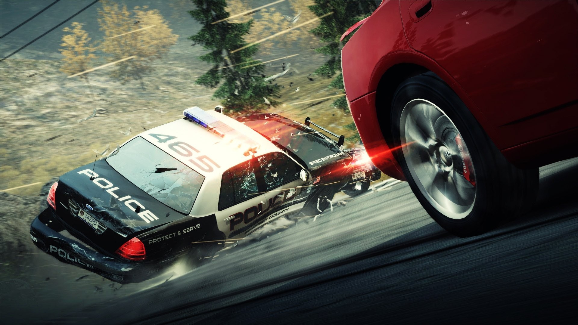 General 1920x1080 car video games Need for Speed: Hot Pursuit police cars screen shot crash Dodge Charger Dodge Ford Crown Victoria dutch tilt wheels chasing racing video game art red cars