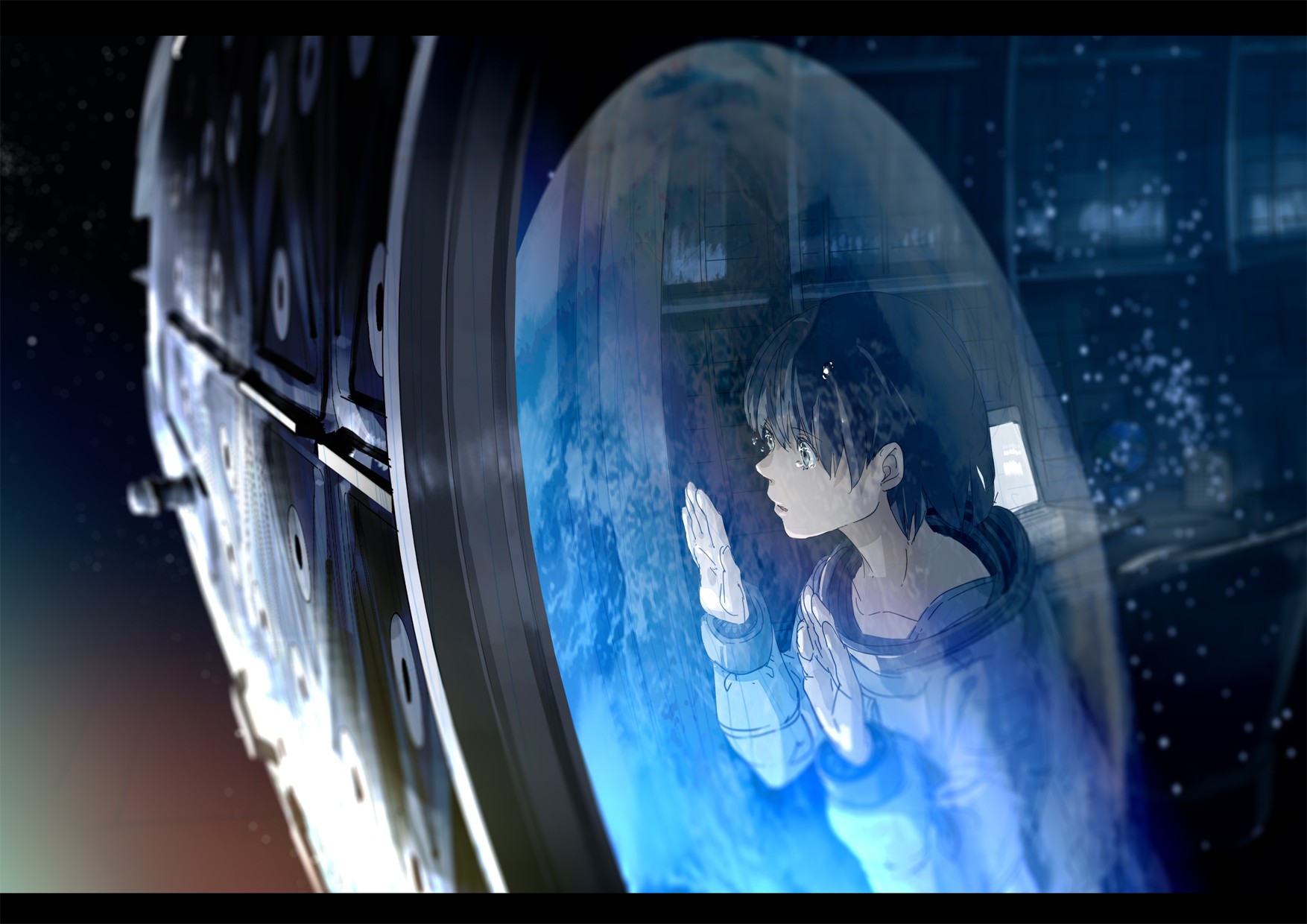 anime android robot girl in space with blue eyes in...