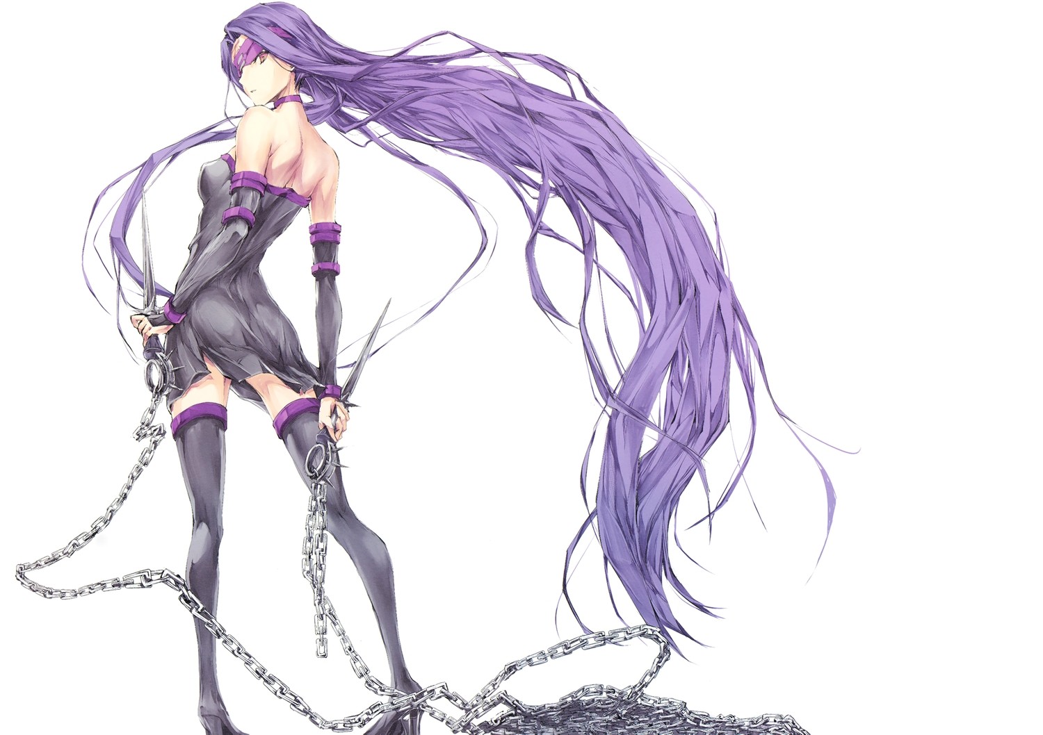 Anime 1500x1058 anime Fate/Stay Night Fate series Rider (Fate/Stay Night) anime girls purple hair long hair chains standing back white background simple background fate/stay night: heaven's feel Kizuki Aruchu dagger