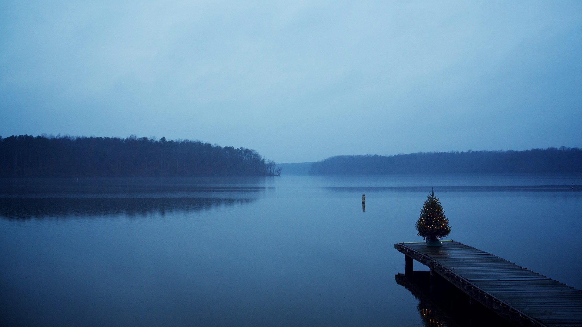 General 1920x1080 landscape water nature pier blue calm calm waters lake overcast mist Christmas tree Christmas Christmas lights