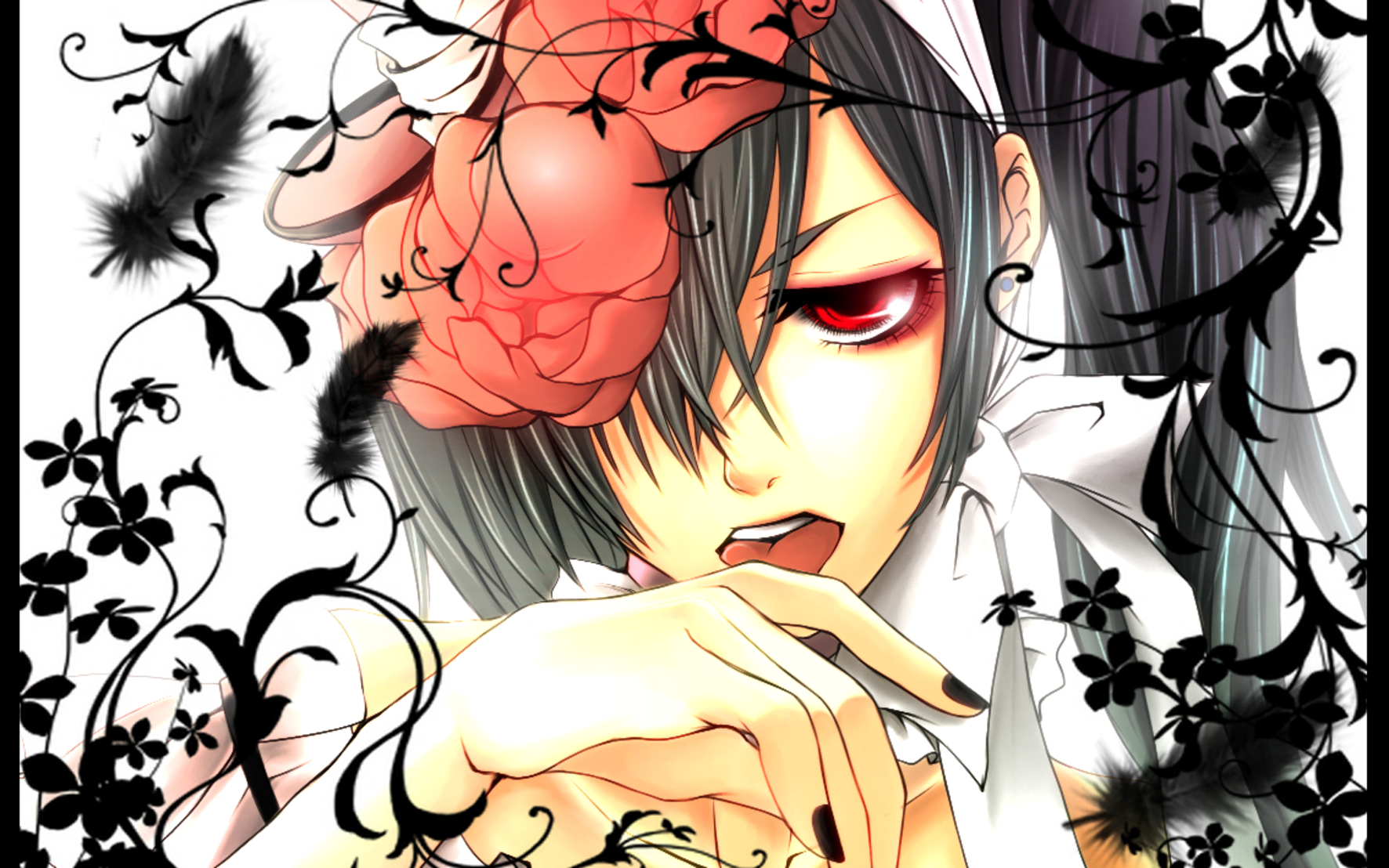 Anime 1772x1108 anime Ciel Phantomhive Black Butler anime girls painted nails red eyes tongues tongue out women dark hair glowing eyes licking hands flowers plants