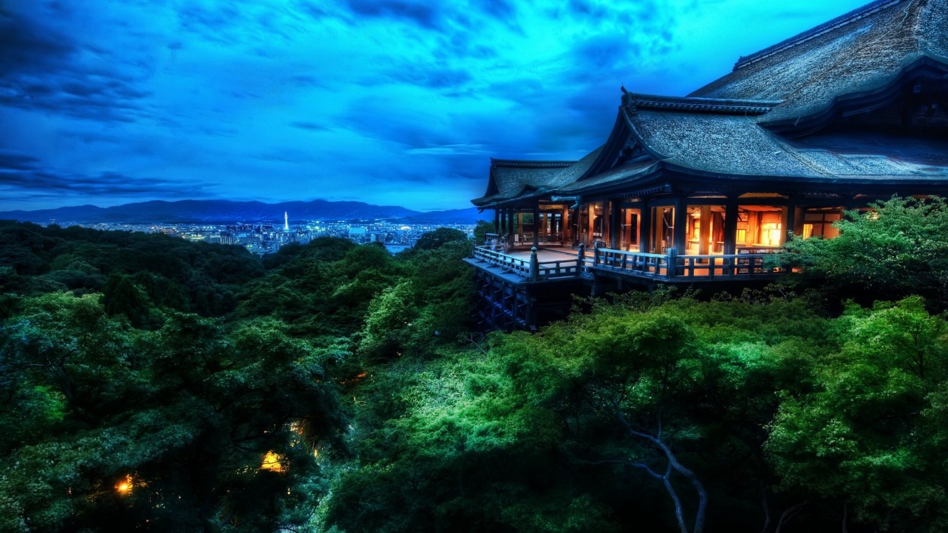 General 1366x768 Japan house building Asia sky Kyoto trees temple landscape low light