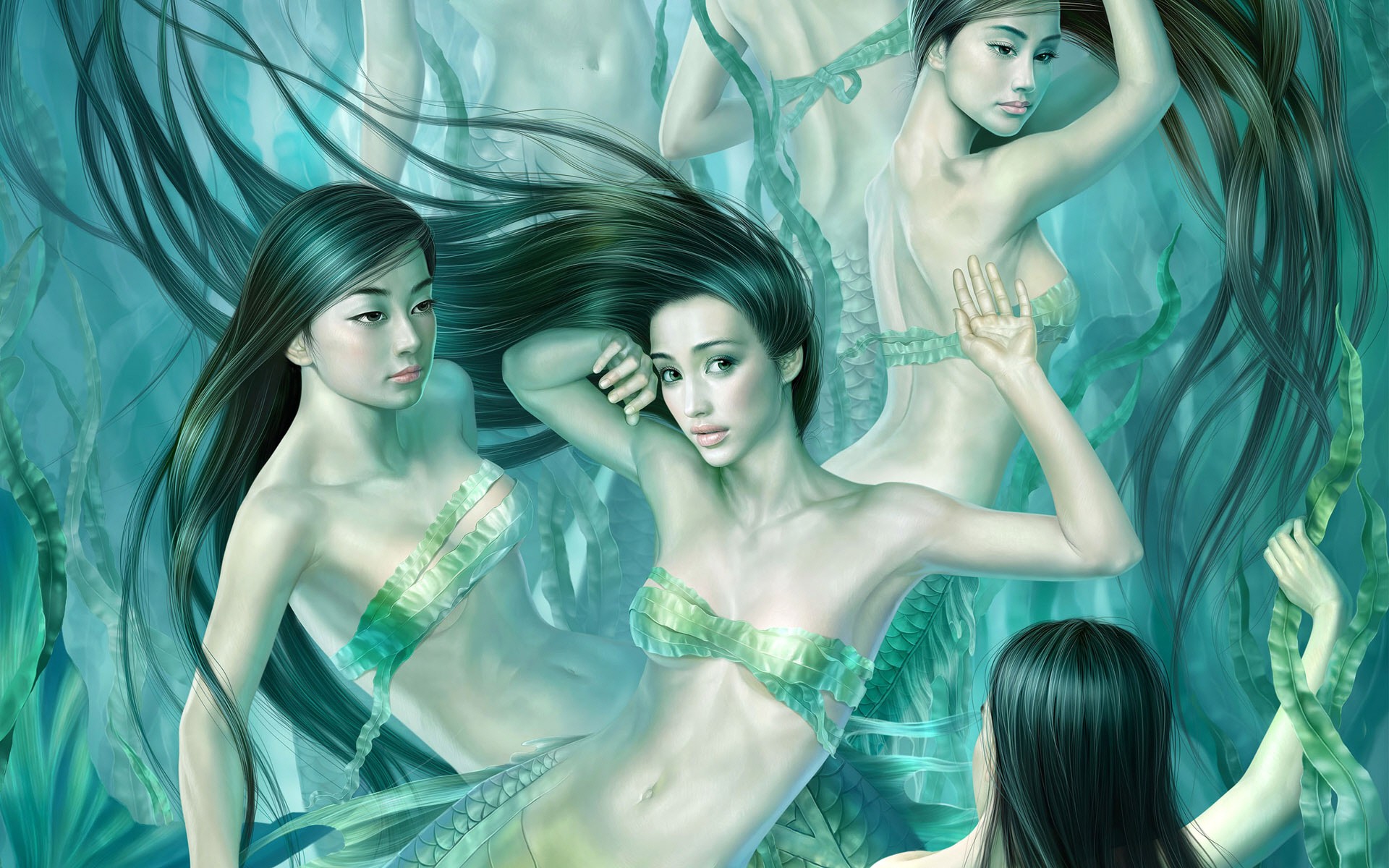 General 1920x1200 mermaids fantasy girl group of women women dark hair long hair fantasy art boobs belly underwater looking at viewer