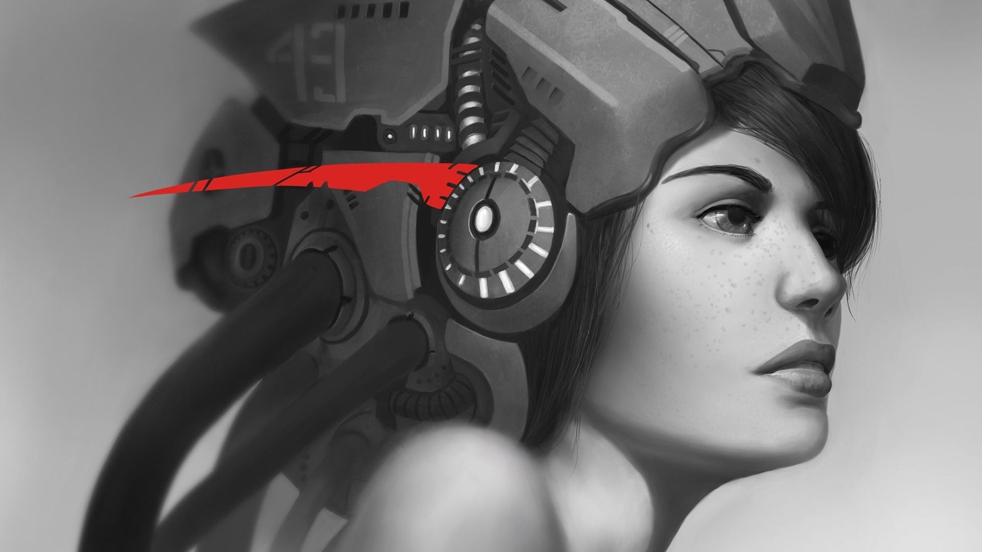 General 1920x1080 artwork cyborg women concept art selective coloring science fiction face science fiction women