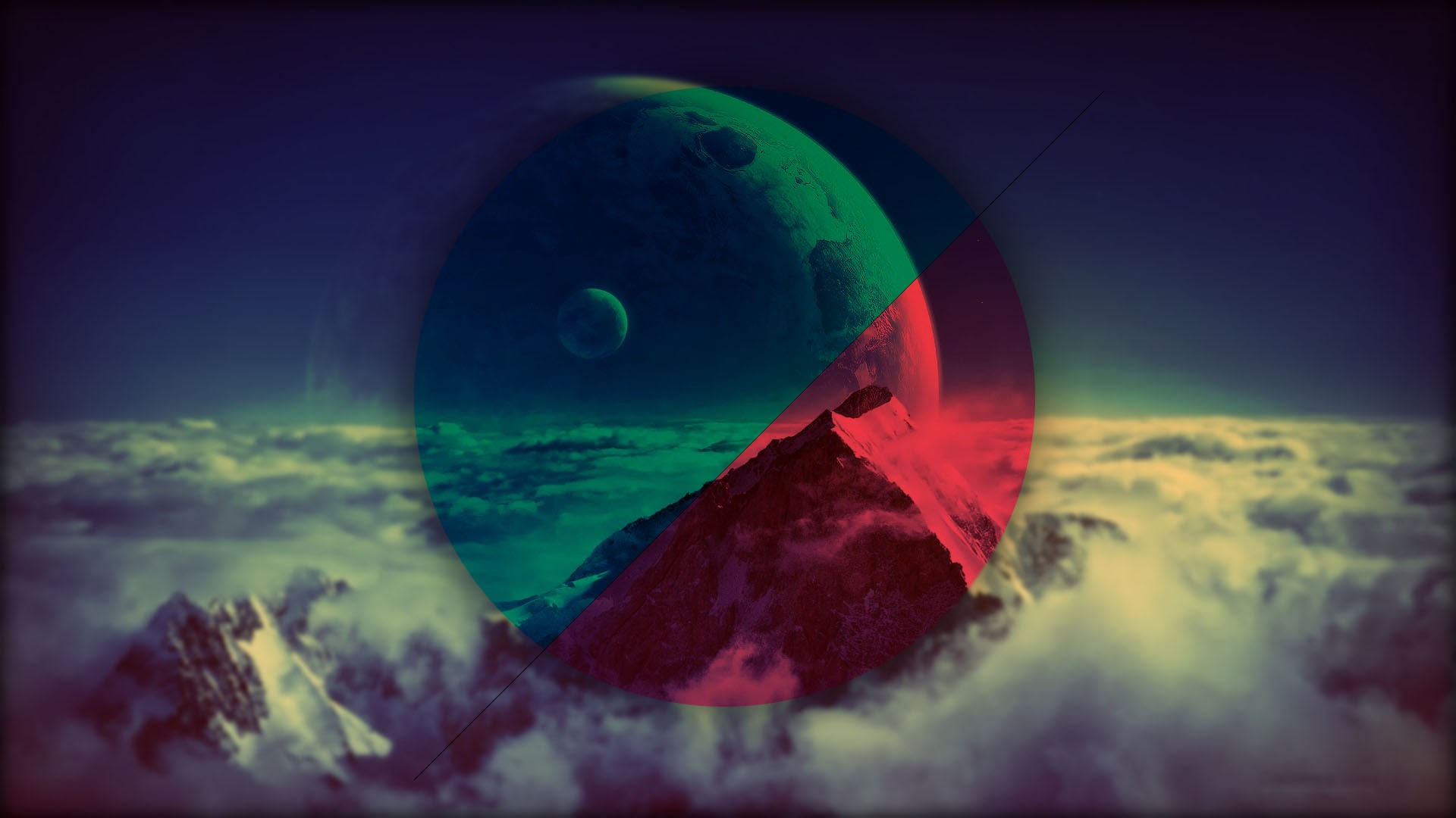 General 1920x1080 planet circle geometry colorful mountains space shapes polyscape vignette digital art snowy peak abstract