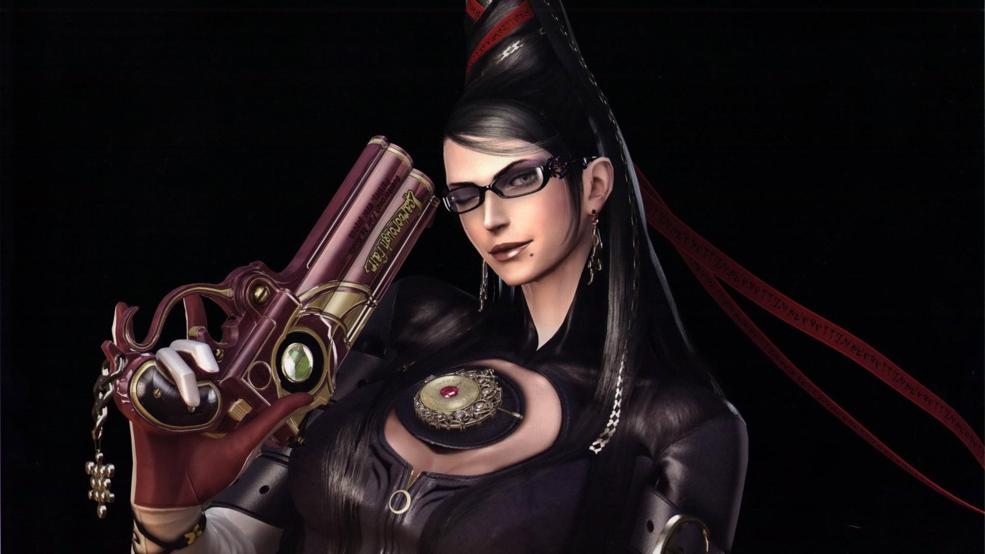 General 1920x1080 Bayonetta video games video game girls girls with guns dark hair women women with glasses gun simple background black background looking at viewer video game characters