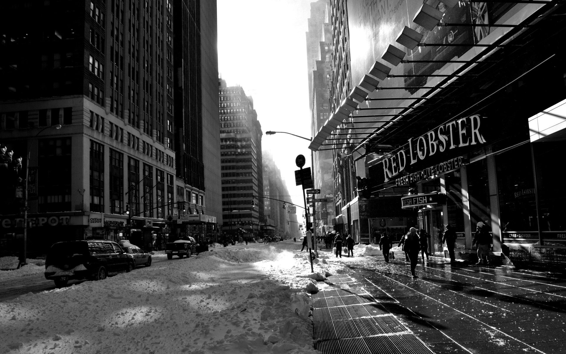 General 1920x1200 New York City monochrome snow street cityscape sunbeams building city USA
